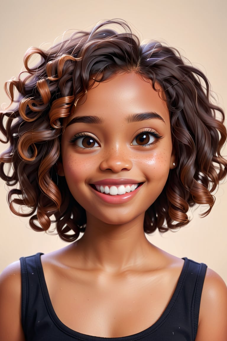 Clean Cartoon-brushstrokes Painting, crisp, simple, colored_lineart_illustration style, 1 woman, no teeth smile, (21 years old), real, realistic, realism, melanated female, brown skin, dark skin, cinnamon brown skin, black girl, type 4 hair, dark brown hair, brown on brown hair, curly hair, short hair, almond shaped eyes, more feminine mouth, tiny mouth, small mouth, v shaped smile, little teeth, small teeth, over bite, plump lips, beautiful, quirky, dimples, feminine, soft, whimsical, happy, young, vibrant, adorable, slender/petite body shape, normal size head, head that fits body, high quality, masterpiece ,3D