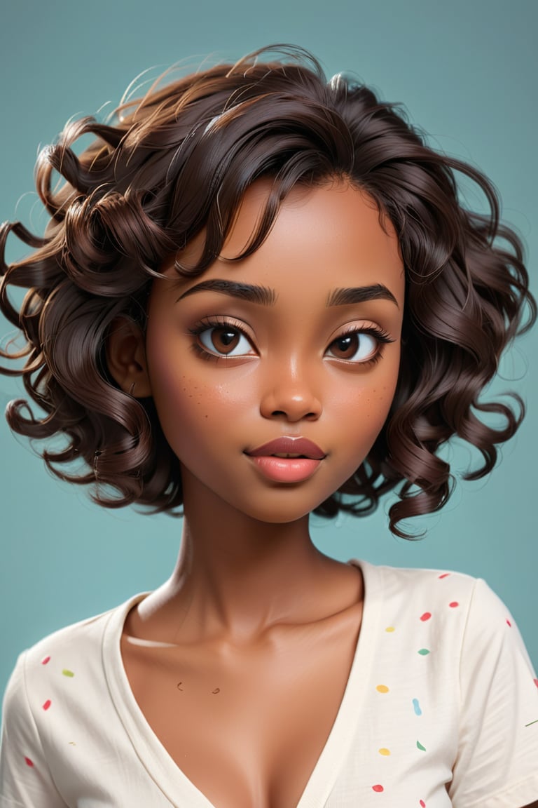 Clean Cartoon-brushstrokes Painting, crisp, simple, colored_lineart_illustration style, 1 woman, (21 years old), melanated female, brown skin, chocolate skin, chocolate girl, milk chocolate skin, black girl, dark skin, type 4 hair, curly hair, square head, square face, square forehead, petite plump lips, realism, v-neck shirt, cleavage cutout, cleavage, B cup size, small breast, medium density, short hair, square chin, slinder face, petite face, slim face, sunken in cheeks, profound jaw line, cheekbones, brown on brown hair, quirky, dimples, innocent, feminine, soft, facial freckles, freckles on face, whimsical, young, vibrant, adorable, slender/petite body shape, normal size head, head that fits body, high quality, masterpiece ,3D