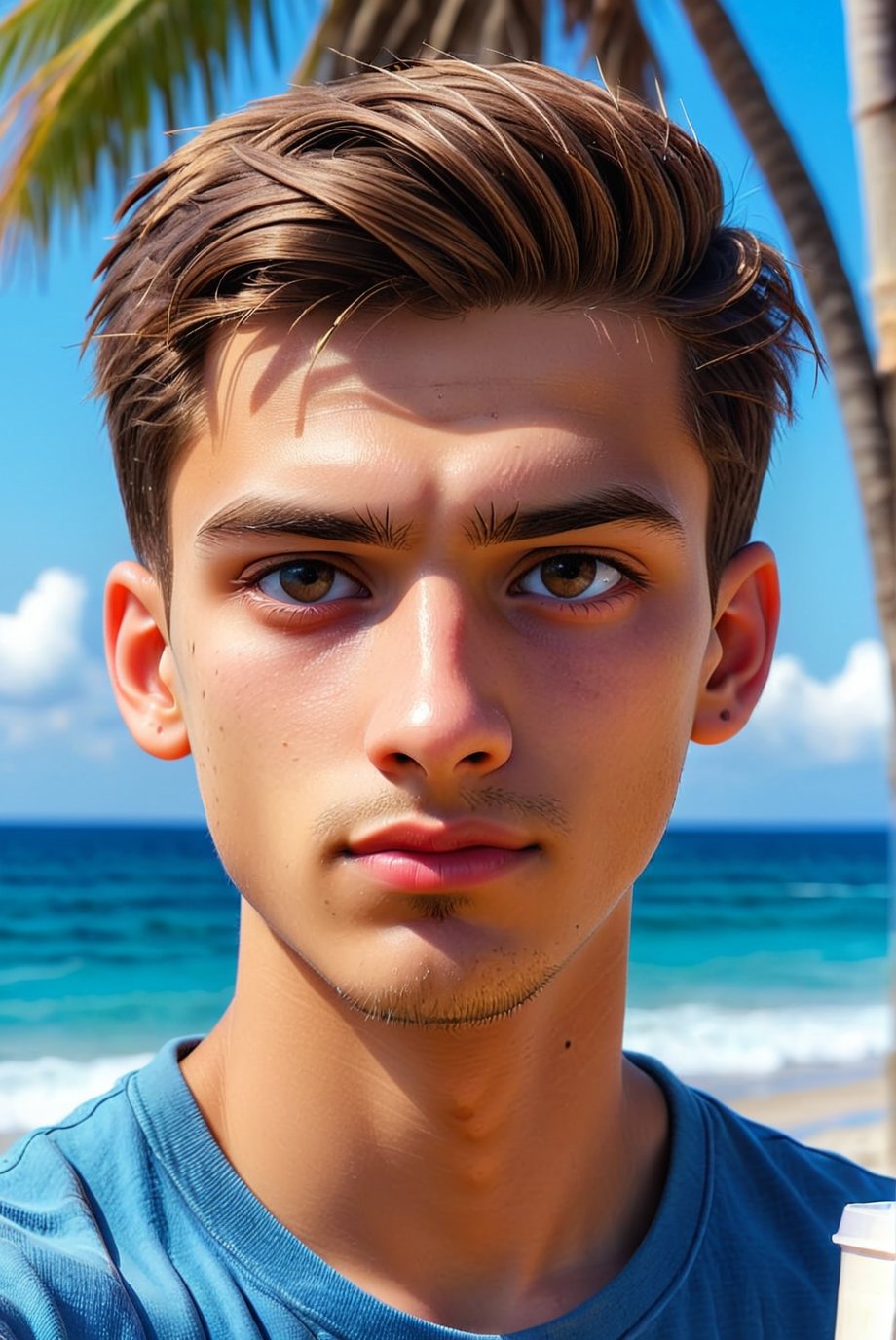 1 boy, (21 years old), short hair, perfect hair, light skin, white, Italian brown, realism, cool, Nonchalant, beach day, trunks, half body, conservative, chad, chizzled, bad boy, thug, mean mug, mean face, Instagram, selfie, handsome, cool, masculine, hard, innocent, happy, young, vibrant, cute, slender/slim body shape, normal size head, head that fits body, high quality, masterpiece , 3D, background of school
