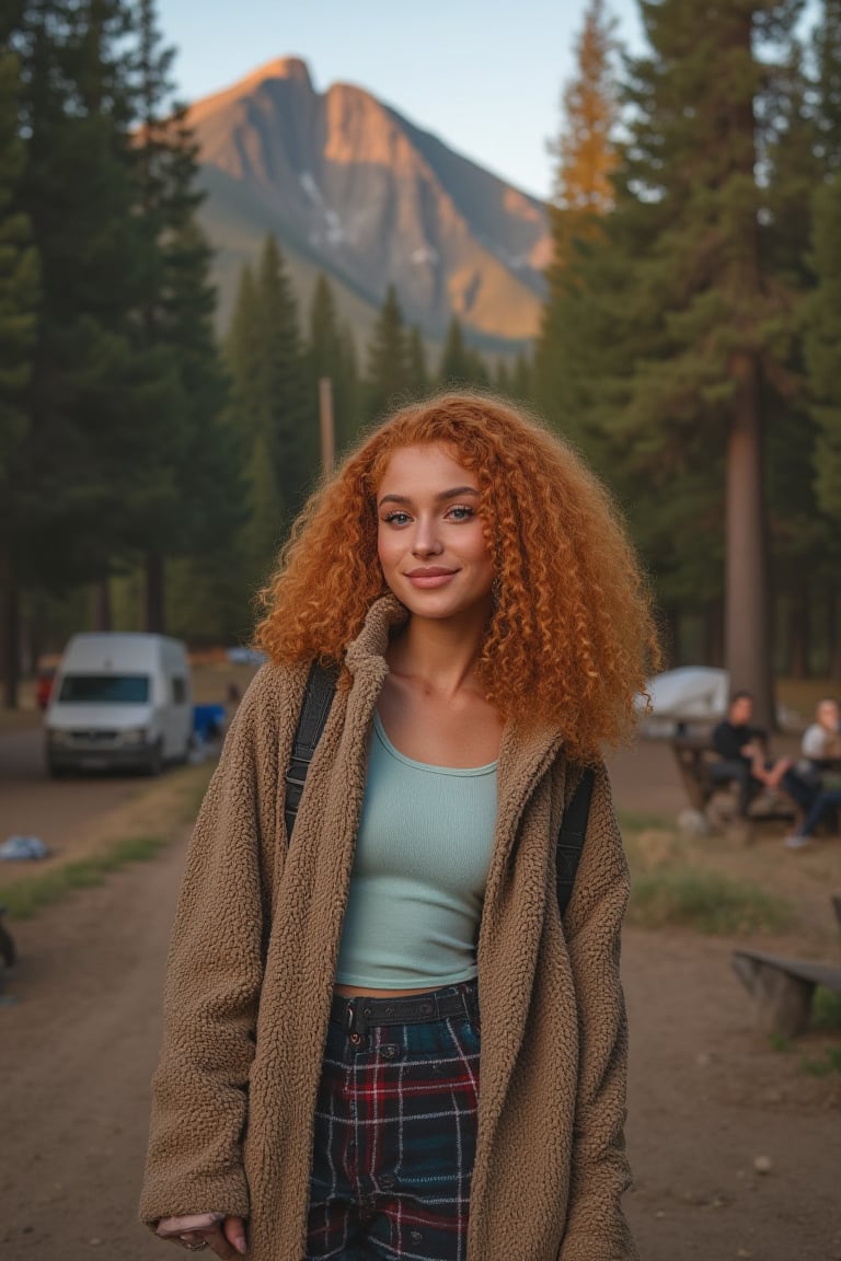 Generate an image of a stunning 18-year-old woman, blending White and Spanish heritage. She has short, shoulder length, strawberry blonde, ginger, natural, Ed sheerans hair, curly, wavy hair, lush and vibrant, falling in loose waves down her back.

Setting:
- Outdoor: A serene mountain campsite at noon, mountain view
- Soft, warm lighting with subtle shadows and twinkling string lights
- Tall trees surrounding a cozy clearing, with a crackling campfire and rustic wooden benches
- Camping gear and equipment subtly integrated into the scene

Physical Description:
- Fair skin with a subtle, sun-kissed glow
- Bright, expressive blue eyes
- Petite, thin,
- Smiling
- slim feminine beautiful exotic facial features 
- beautiful woman

Outfit:
- Comfortable, fitted pastel top (flannel or fleece)
- Practical hiking pants or leggings
- Warm, cozy cardigan 
- Sturdy hiking boots

Style:
-Effortless, coastal chic
- Confident, carefree, innocent pose

Mood:
- Serene, joyful, and radiant
- Capturing the essence of a relaxed summer afternoon
Inspired by singer Tyla's vibrant energy and style, create a breathtaking image that embodies beauty, elegance, and a laid-back coastal vibe.