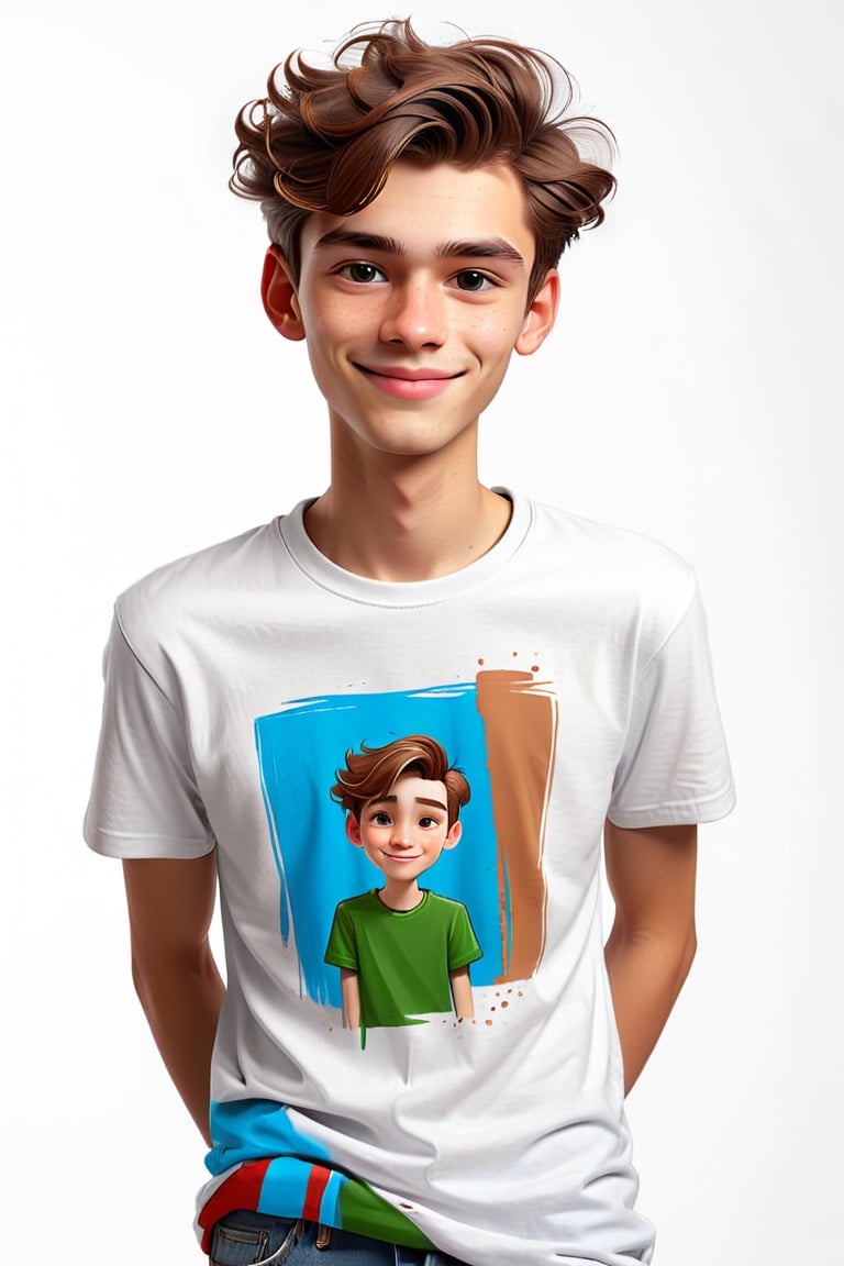 Clean Cartoon-brushstrokes Painting, crisp, simple, colored_lineart_illustration style, 1 boy, (21 years old), light skin, white, Italian brown, realism, cool, Nonchalant, full body, t-shirt, clothes, male model, pose, posing, photography, Instagram, selfie, smiling, , handsome, quirky, innocent, masculine, hard, innocent, whimsical, happy, young, vibrant, cute, slender/skinny body shape, normal size head, head that fits body, high quality, masterpiece ,3D