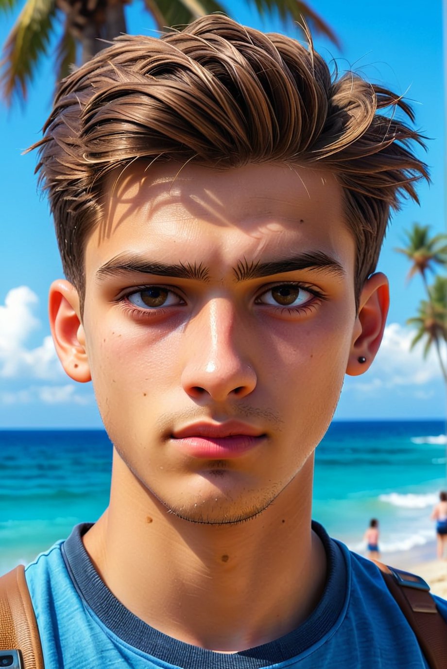 1 boy, (21 years old), short hair, perfect hair, light skin, white, Italian brown, realism, cool, Nonchalant, beach day, trunks, conservative, chad, chizzled, bad boy, thug, mean mug, mean face, Instagram, selfie, handsome, cool, masculine, hard, innocent, happy, young, vibrant, cute, slender/slim body shape, normal size head, head that fits body, high quality, masterpiece , 3D, background of school