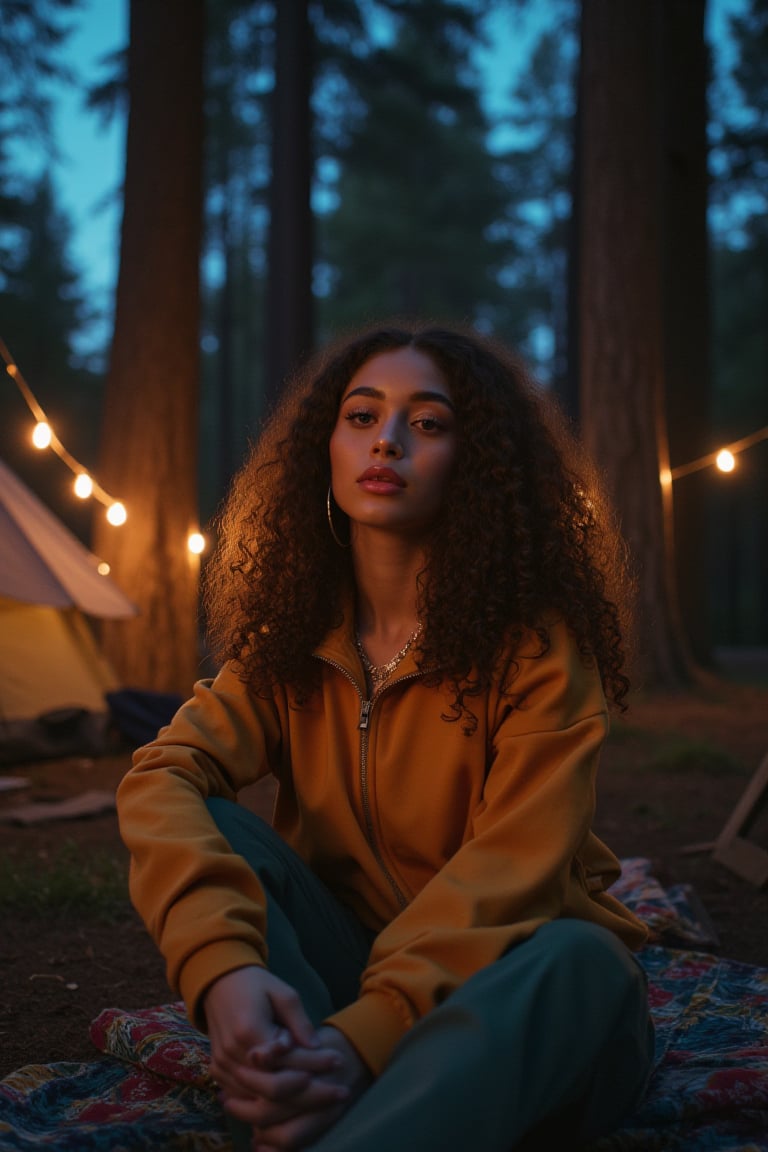 Generate an image of a stunning 18-year-old petite teenager, young, youth, child, kid, blending Cuban  and Spanish heritage. She has long fluffy curly brown curls, Type 2-3 hair, lush and vibrant, falling in loose waves down her back.

Setting:
- Outdoor: A serene forest campsite with a tent at night with stars
- Soft, warm lighting with subtle shadows and twinkling string lights
- Tall trees surrounding a cozy clearing, with a crackling campfire and rustic wooden benches
- Camping gear and equipment subtly integrated into the scene

Physical Description:
- Fair skin with a subtle, sun-kissed glow
- Bright, expressive blue eyes
- petite, slim, 

Outfit:
- Comfortable, geode earth-toned camping shirt (flannel or fleece)
- Practical hiking pants or leggings
- Warm, cozy camping jacket or hoodie
- Sturdy hiking boots

Style:
-Effortless, coastal chic
- Confident, carefree, innocent pose

Mood:
- Serene, joyful, and radiant
- Capturing the essence of a relaxed summer afternoon
Inspired by singer Tyla's vibrant energy and style, create a breathtaking image that embodies beauty, elegance, and a laid-back coastal vibe.