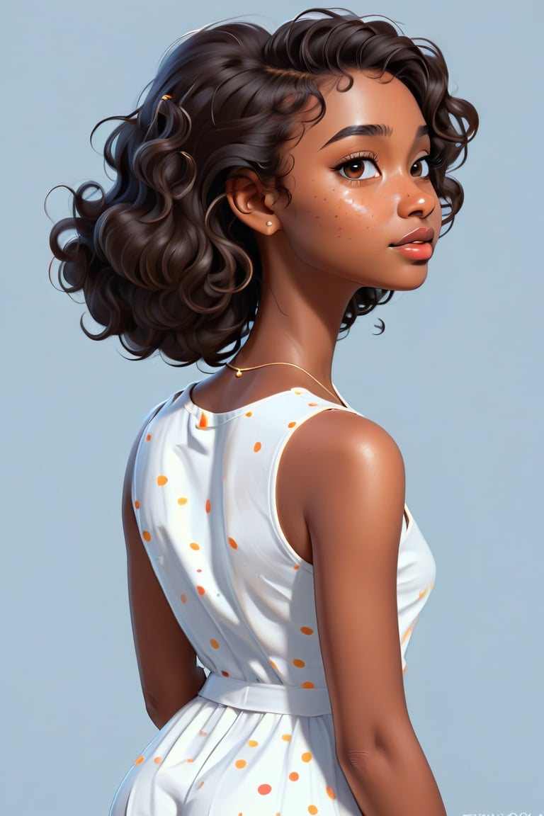 Clean Cartoon-brushstrokes Painting, crisp, simple, colored_lineart_illustration style, 1 woman, (21 years old), melanated female, brown skin, dark skin, type 4 hair, curly hair, realism, back side profile, back side of body, bak dorso, profile, 180 degree turn. back of head, whole body facing  back side, mugshot, facing back wall, v-neck shirt, dimples, innocent, feminine, soft, freckles, whimsical, young, vibrant, adorable, slender/petite body shape, normal size head, head that fits body, high quality, masterpiece ,3D