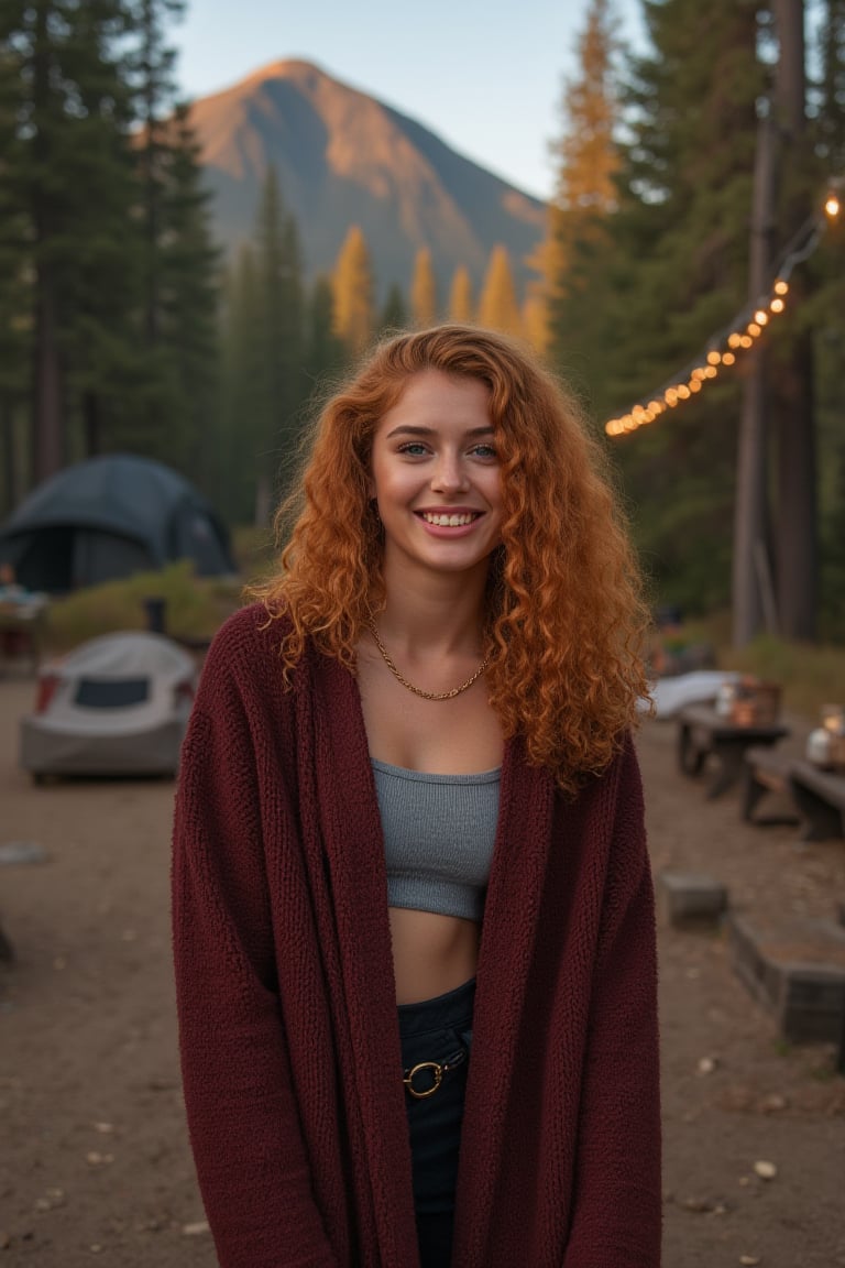 Generate an image of a stunning 18-year-old woman, blending White and Spanish heritage. She has short, shoulder length, strawberry blonde, ginger, natural, Ed sheerans hair, curly, wavy hair, lush and vibrant, falling in loose waves down her back.

Setting:
- Outdoor: A serene mountain campsite at noon, mountain view
- Soft, warm lighting with subtle shadows and twinkling string lights
- Tall trees surrounding a cozy clearing, with a crackling campfire and rustic wooden benches
- Camping gear and equipment subtly integrated into the scene

Physical Description:
- Fair skin with a subtle, sun-kissed glow
- Bright, big expressive blue eyes
- Petite, thin,
- Smiling, laughing
- slim feminine beautiful exotic facial features 
- beautiful woman

Outfit:
- Comfortable, earth toned top (flannel or fleece)
- high waist pants
- Warm, burgundy cozy cardigan 
- Sturdy hiking boots

Style:
-Effortless, coastal chic
- Confident, carefree, innocent pose

Mood:
- Serene, joyful, and radiant
- Capturing the essence of a relaxed summer afternoon
Inspired by singer Tyla's vibrant energy and style, create a breathtaking image that embodies beauty, elegance, and a laid-back coastal vibe.