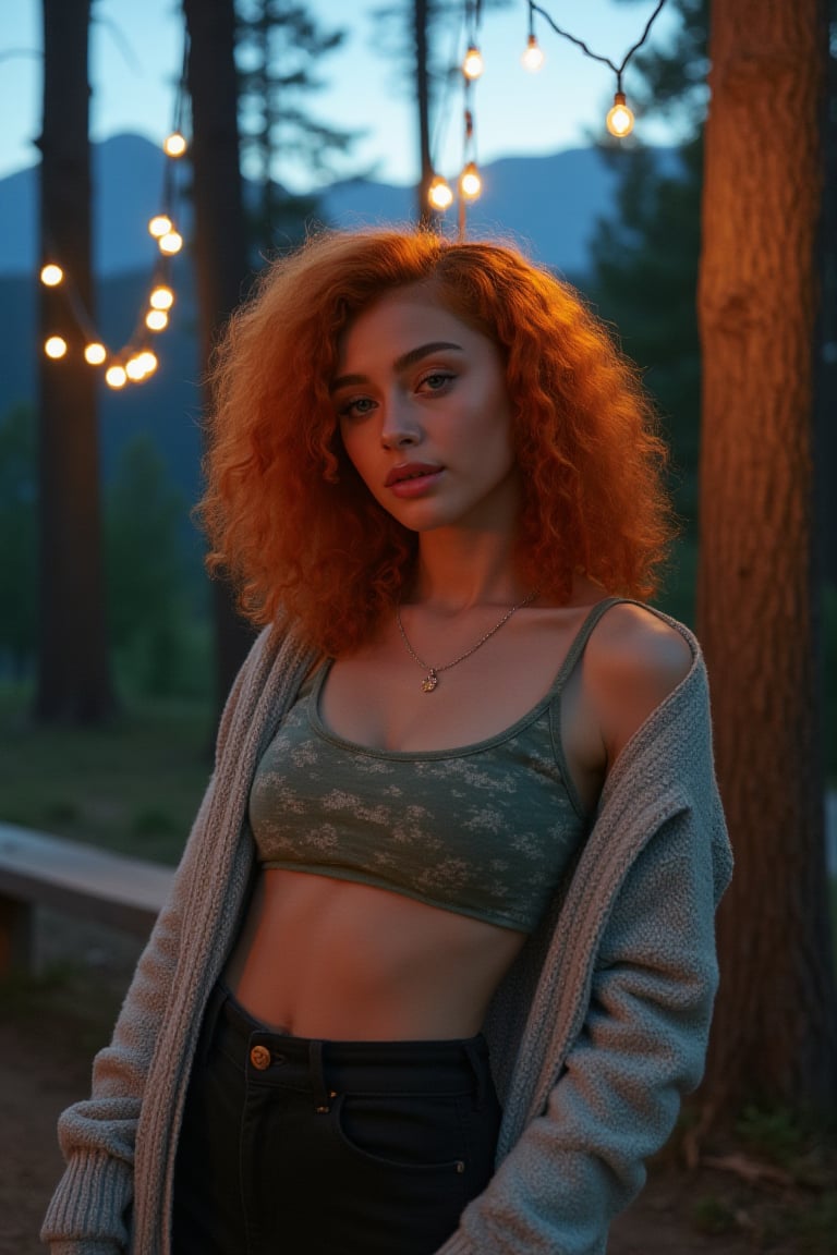 Generate an image of a stunning 18-year-old woman, blending White and Spanish heritage. She has short, shoulder length, strawberry blonde, ginger, natural, wavy hair, lush and vibrant, falling in loose waves down her back.

Setting:
- Outdoor: A serene mountain campsite at dusk, mountain view
- Soft, warm lighting with subtle shadows and twinkling string lights
- Tall trees surrounding a cozy clearing, with a crackling campfire and rustic wooden benches
- Camping gear and equipment subtly integrated into the scene

Physical Description:
- Fair skin with a subtle, sun-kissed glow
- Bright, expressive blue eyes
- Petite, thin,

Outfit:
- Comfortable, water-toned camping shirt (flannel or fleece)
- Practical mountain pants or leggings
- Warm, cozy cardigan
- Sturdy mountain boots

Style:
-Effortless, coastal chic
- Confident, carefree, innocent pose

Mood:
- Serene, joyful, and radiant
- Capturing the essence of a relaxed summer afternoon
Inspired by singer Tyla's vibrant energy and style, create a breathtaking image that embodies beauty, elegance, and a laid-back coastal vibe.