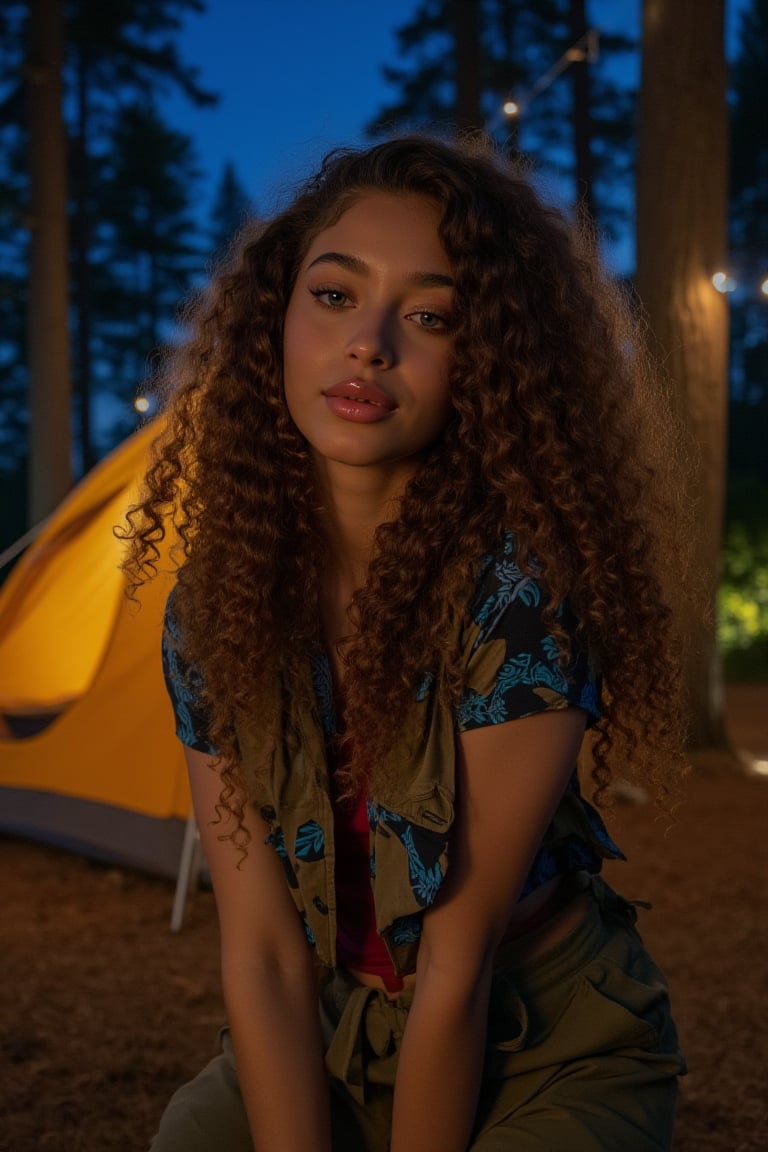 Generate an image of a stunning 18-year-old petite teenager, young, youth, child, kid, blending Cuban  and Spanish heritage. She has long fluffy curly brown curls, Type 2-3 hair, lush and vibrant, falling in loose waves down her back.

Setting:
- Outdoor: A serene forest campsite with a tent at night with stars
- Soft, warm lighting with subtle shadows and twinkling string lights
- Tall trees surrounding a cozy clearing, with a crackling campfire and rustic wooden benches
- Camping gear and equipment subtly integrated into the scene

Physical Description:
- Fair skin with a subtle, sun-kissed glow
- Bright, expressive blue eyes
- petite, slim, 

Outfit:
- Comfortable, geode earth-toned camping shirt (flannel or fleece)
- Practical hiking pants or leggings
- Warm, cozy camping jacket or hoodie
- Sturdy hiking boots

Style:
-Effortless, coastal chic
- Confident, carefree, innocent pose

Mood:
- Serene, joyful, and radiant
- Capturing the essence of a relaxed summer afternoon
Inspired by singer Tyla's vibrant energy and style, create a breathtaking image that embodies beauty, elegance, and a laid-back coastal vibe.