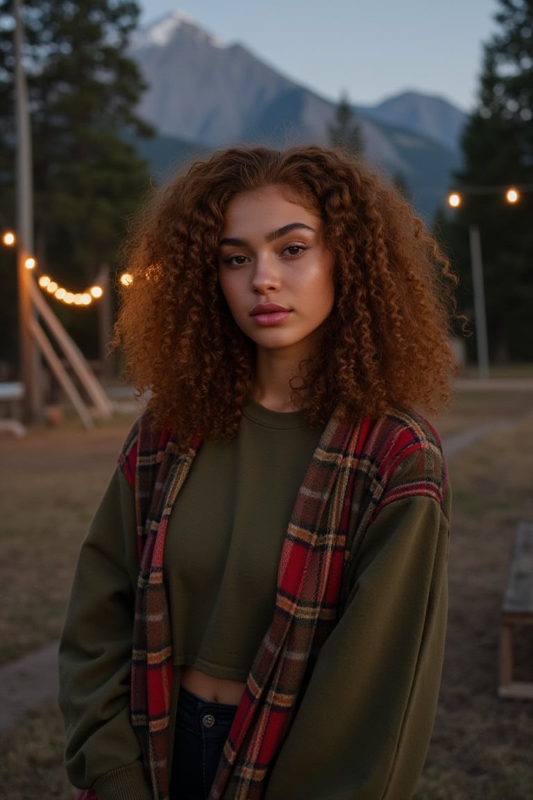 Generate an image of a stunning 18-year-old petite teenager, young, youth, child, kid, blending Black and Spanish heritage. She has fluffy curly golden brown hair, Type 4 hair, lush and vibrant, falling in loose waves down her back.

Setting:
- Outdoor: A serene mountain campsite at dusk, mountain view
- Soft, warm lighting with subtle shadows and twinkling string lights
- Tall trees surrounding a cozy clearing, with a crackling campfire and rustic wooden benches
- Camping gear and equipment subtly integrated into the scene

Physical Description:
- Fair skin with a subtle, sun-kissed glow
- Bright, expressive hazel eyes

Outfit:
- Comfortable, od green-toned top (flannel or fleece)
- Practical leggings
- Warm, cozy cardigan 
- Sturdy hiking boots

Style:
-Effortless, coastal chic
- Confident, carefree, innocent pose

Mood:
- Serene, joyful, and radiant
- Capturing the essence of a relaxed summer afternoon
Inspired by singer Tyla's vibrant energy and style, create a breathtaking image that embodies beauty, elegance, and a laid-back coastal vibe.