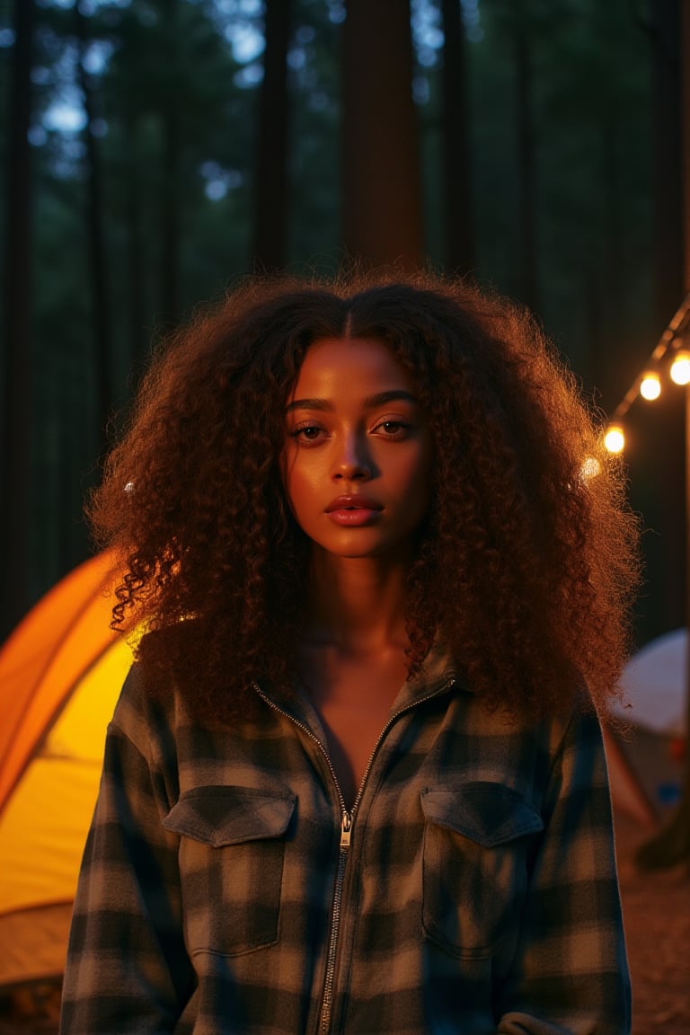 Generate an image of a stunning 18-year-old petite teenager, young, youth, child, kid, blending Cuban and Spanish heritage, dark skin, She has long fluffy curly brown curls, Type 2-3 hair, lush and vibrant, falling in loose waves down her back.

Setting:
- Outdoor: A serene forest campsite with a tent at night with stars
- Soft, warm lighting with subtle shadows and twinkling string lights
- Tall trees surrounding a cozy clearing, with a crackling campfire and rustic wooden benches
- Camping gear and equipment subtly integrated into the scene

Physical Description:
- Fair skin with a subtle, sun-kissed glow
- Bright, expressive brown eyes
- petite, slim, 

Outfit:
- Comfortable, geode earth-toned camping shirt (flannel or fleece)
- Practical hiking pants or leggings
- Warm, cozy camping jacket or hoodie
- Sturdy hiking boots

Style:
-Effortless, coastal chic
- Confident, carefree, innocent pose

Mood:
- Serene, joyful, and radiant
- Capturing the essence of a relaxed summer afternoon
Inspired by singer Tyla's vibrant energy and style, create a breathtaking image that embodies beauty, elegance, and a laid-back coastal vibe.