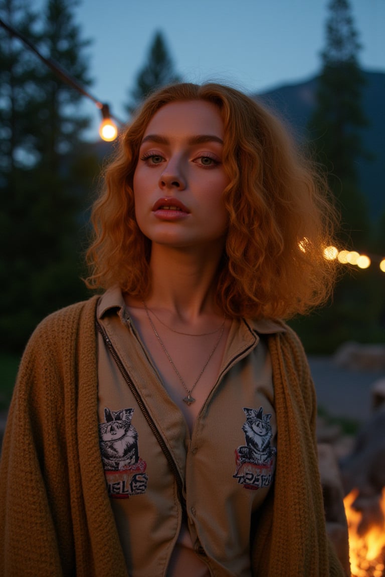 Generate an image of a stunning 18-year-old woman, blending White and Spanish heritage. She has short, shoulder length, strawberry blonde, ginger, natural, wavy hair, lush and vibrant, falling in loose waves down her back.

Setting:
- Outdoor: A serene mountain campsite at dusk, mountain view
- Soft, warm lighting with subtle shadows and twinkling string lights
- Tall trees surrounding a cozy clearing, with a crackling campfire and rustic wooden benches
- Camping gear and equipment subtly integrated into the scene

Physical Description:
- Fair skin with a subtle, sun-kissed glow
- Bright, expressive blue eyes
- Petite, thin,

Outfit:
- Comfortable, earth-toned camping shirt (flannel or fleece)
- Practical hiking pants or leggings
- Warm, cozy cardigan
- Sturdy hiking boots

Style:
-Effortless, coastal chic
- Confident, carefree, innocent pose

Mood:
- Serene, joyful, and radiant
- Capturing the essence of a relaxed summer afternoon
Inspired by singer Tyla's vibrant energy and style, create a breathtaking image that embodies beauty, elegance, and a laid-back coastal vibe.