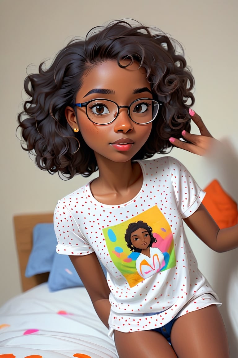 Clean Cartoon-brushstrokes Painting, crisp, simple, colored_lineart_illustration style, 1 woman, (21 years old), melanated female, brown skin, dark skin, type 4 hair, curly hair, realism, waking uo, in bed, bed hair, morning self_shot, fully, tired, clothed, beautiful, quirky, glasses, dimples, feminine, soft, freckles, whimsical, happy, young, vibrant, adorable, tank top, slender/petite body shape, normal size head, head that fits body, outfit, jeans and shirt, high quality, masterpiece ,3D