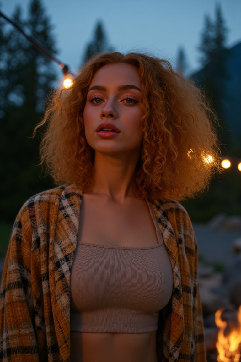 Generate an image of a stunning 18-year-old woman, blending White and Spanish heritage. She has short, shoulder length, strawberry blonde, ginger, natural, Ed sheerans hair, curly, wavy hair, lush and vibrant, falling in loose waves down her back.

Setting:
- Outdoor: A serene mountain campsite at dusk, mountain view
- Soft, warm lighting with subtle shadows and twinkling string lights
- Tall trees surrounding a cozy clearing, with a crackling campfire and rustic wooden benches
- Camping gear and equipment subtly integrated into the scene

Physical Description:
- Fair skin with a subtle, sun-kissed glow
- Bright, expressive big beautiful blue eyes
- Petite, thin,

Outfit:
- Comfortable, fall/autumn toned top (flannel or fleece)
- Practical hiking pants or leggings
- Warm, cozy cardigan 
- Sturdy hiking boots

Style:
-Effortless, coastal chic
- Confident, carefree, innocent pose

Mood:
- Serene, joyful, and radiant
- Capturing the essence of a relaxed summer afternoon
Inspired by singer Tyla's vibrant energy and style, create a breathtaking image that embodies beauty, elegance, and a laid-back coastal vibe.