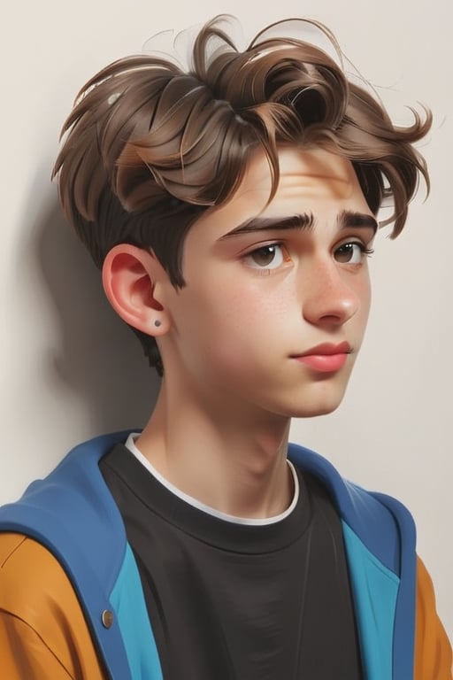 Clean Cartoon-brushstrokes Painting, crisp, simple, colored_lineart_illustration style, 1 boy, (21 years old), light skin, white, Italian brown, realism, cool, Nonchalant, full body, relaxed, talk, t-shirt, clothes, bad boy, photography, Instagram, selfie, neat hair, short hair, swoop to the side, part on side, handsome, quirky, innocent, masculine, hard, innocent, happy, young, vibrant, handsome, slim, muscles, normal size head, head that fits body, high quality, masterpiece ,3D