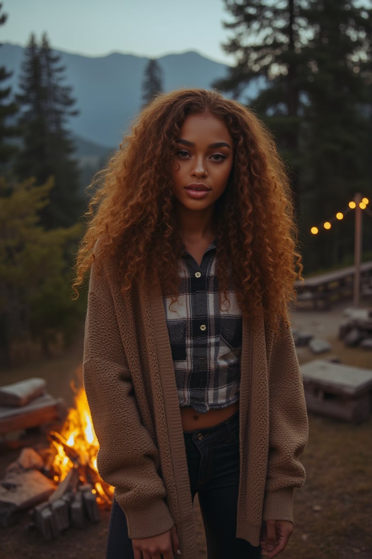 Generate an image of a stunning 18-year-old petite teenager, young, youth, child, kid, blending Black and Spanish heritage. She has fluffy curly golden brown hair, Type 4 hair, lush and vibrant, falling in loose waves down her back.

Setting:
- Outdoor: A serene mountain campsite at dusk, mountain view
- Soft, warm lighting with subtle shadows and twinkling string lights
- Tall trees surrounding a cozy clearing, with a crackling campfire and rustic wooden benches
- Camping gear and equipment subtly integrated into the scene

Physical Description:
- Fair skin with a subtle, sun-kissed glow
- Bright, expressive hazel eyes

Outfit:
- Comfortable, water-toned camping shirt (flannel or fleece)
- Practical leggings
- Warm, cozy cardigan 
- Sturdy hiking boots

Style:
-Effortless, coastal chic
- Confident, carefree, innocent pose

Mood:
- Serene, joyful, and radiant
- Capturing the essence of a relaxed summer afternoon
- Enjoying life
Inspired by singer Tyla's vibrant energy and style, create a breathtaking image that embodies beauty, elegance, and a laid-back coastal vibe.