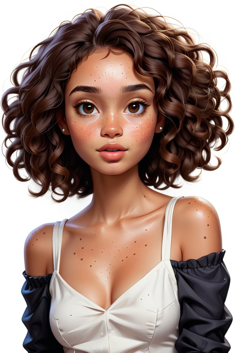 Clean Cartoon-brushstrokes Painting, crisp, simple, colored_lineart_illustration style, 1 woman, (21 years old), melanated female, brown skin, chocolate skin, chocolate girl, milk chocolate, dark skin, type 4 hair, curly hair, realism, v-neck shirt, cleavage cutout, cleavage, B cup size, small breast, medium density, short hair, square chin, slinder face, petite face, slim face, sunken in cheeks, profound jaw line, cheekbones, brown on brown hair, quirky, dimples, innocent, feminine, soft, freckles, whimsical, young, vibrant, adorable, slender/petite body shape, normal size head, head that fits body, high quality, masterpiece ,3D