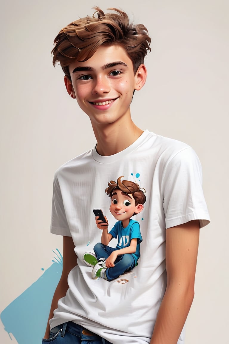 Clean Cartoon-brushstrokes Painting, crisp, simple, colored_lineart_illustration style, 1 boy, (21 years old), light skin, white, Italian brown, realism, cool, Nonchalant, full body, t-shirt, clothes, bad boy, photography, Instagram, selfie, smiling, short hair, swoop to the side, part on side, handsome, quirky, innocent, masculine, hard, innocent, dimples, whimsical, happy, young, vibrant, cute, slender/skinny, muscles, body shape, normal size head, head that fits body, high quality, masterpiece ,3D