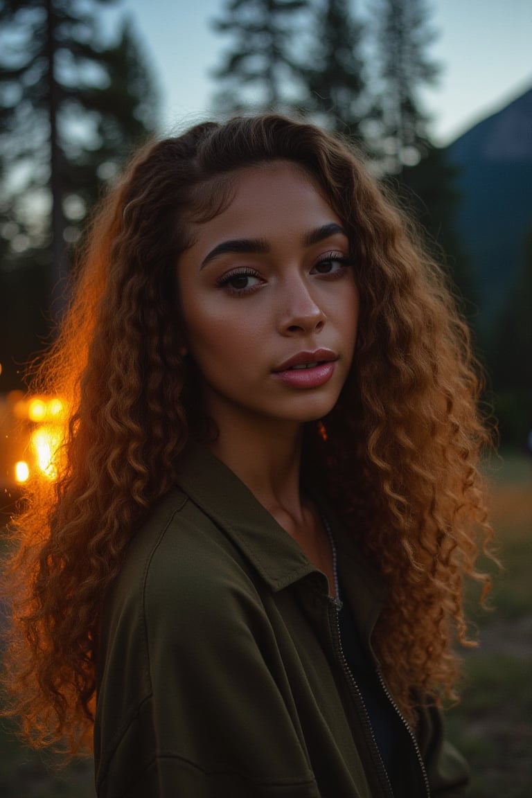 Generate an image of a stunning 18-year-old petite teenager, young, youth, child, kid, blending Black and Spanish heritage. She has fluffy curly golden brown hair, Type 4 hair, lush and vibrant, falling in loose waves down her back.

Setting:
- Outdoor: A serene mountain campsite at dusk, mountain view
- Soft, warm lighting with subtle shadows and twinkling string lights
- Tall trees surrounding a cozy clearing, with a crackling campfire and rustic wooden benches
- Camping gear and equipment subtly integrated into the scene

Physical Description:
- Fair skin with a subtle, sun-kissed glow
- Bright, expressive hazel eyes

Outfit:
- Comfortable, green earth-toned camping shirt (flannel or fleece)
- Practical hiking pants or leggings
- Warm, cozy cardigan 
- Sturdy hiking boots

Style:
-Effortless, coastal chic
- Confident, carefree, innocent pose

Mood:
- Serene, joyful, and radiant
- Capturing the essence of a relaxed summer afternoon
Inspired by singer Tyla's vibrant energy and style, create a breathtaking image that embodies beauty, elegance, and a laid-back coastal vibe.