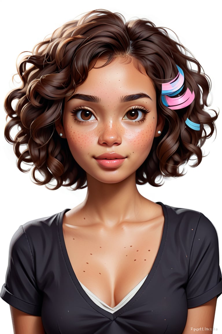 Clean Cartoon-brushstrokes Painting, crisp, simple, colored_lineart_illustration style, 1 woman, (21 years old), melanated female, brown skin, chocolate skin, chocolate girl, dark skin, type 4 hair, curly hair, realism, v-neck shirt, cleavage cutout, cleavage, B cup size, small breast, medium density, short hair, square chin, slinder face, petite face, slim face, small mouth, small smile, plump lips, sunken in cheeks, jaw line, brown on brown hair, quirky, dimples, innocent, feminine, soft, freckles, whimsical, young, vibrant, adorable, slender/petite body shape, normal size head, head that fits body, high quality, masterpiece ,3D