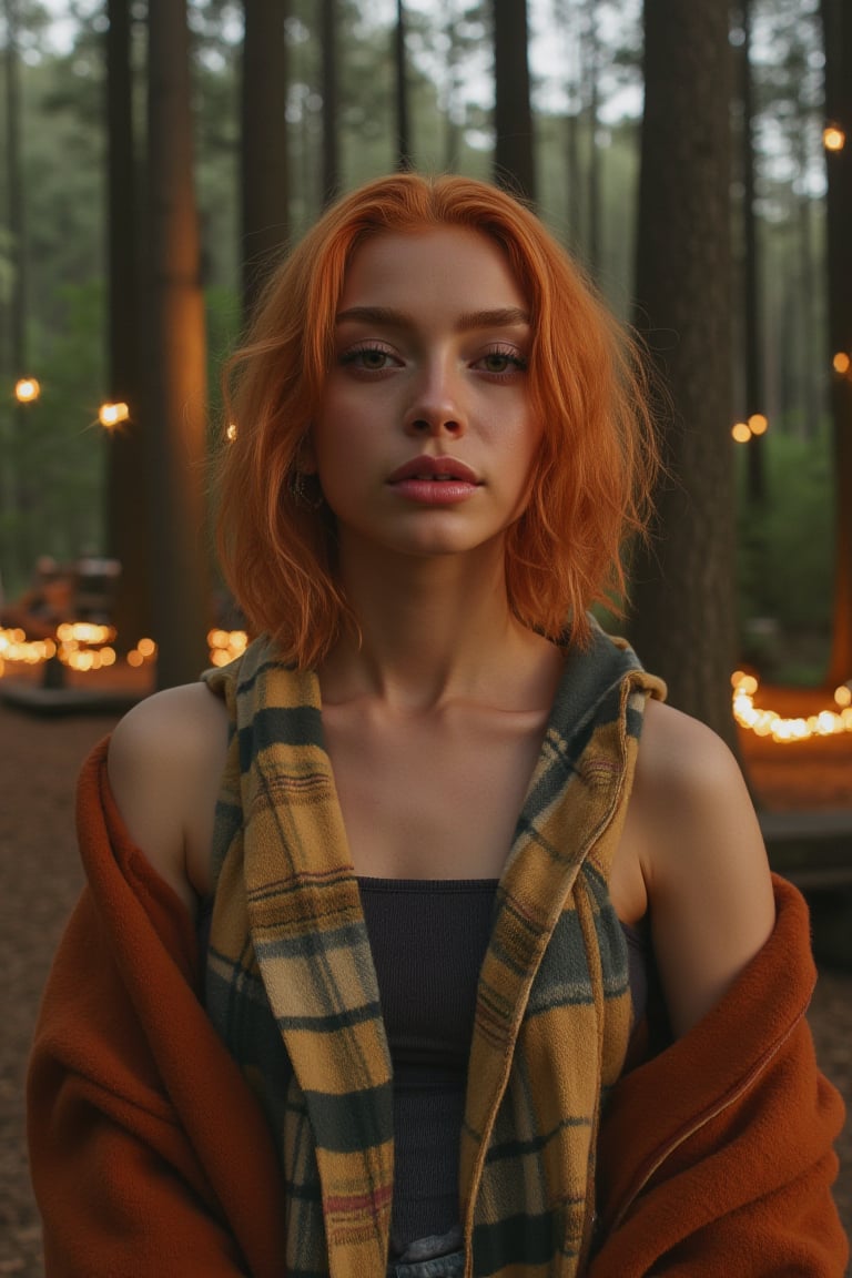 Generate an image of a stunning 18-year-old woman, blending White and Spanish heritage. She has short, shoulder length, strawberry blonde, ginger, natural, wavy hair, lush and vibrant, falling in loose waves down her back.

Setting:
- Outdoor: A serene forest campsite at noon
- Soft, warm lighting with subtle shadows and twinkling string lights
- Tall trees surrounding a cozy clearing, with a crackling campfire and rustic wooden benches
- Camping gear and equipment subtly integrated into the scene

Physical Description:
- Fair skin with a subtle, sun-kissed glow
- Bright, expressive hazel eyes
- Petite, thin,

Outfit:
- Comfortable, earth-toned camping shirt (flannel or fleece)
- Practical hiking pants or leggings
- Warm, cozy cardigan
- Sturdy hiking boots

Style:
-Effortless, coastal chic
- Confident, carefree, innocent pose

Mood:
- Serene, joyful, and radiant
- Capturing the essence of a relaxed summer afternoon
Inspired by singer Tyla's vibrant energy and style, create a breathtaking image that embodies beauty, elegance, and a laid-back coastal vibe.