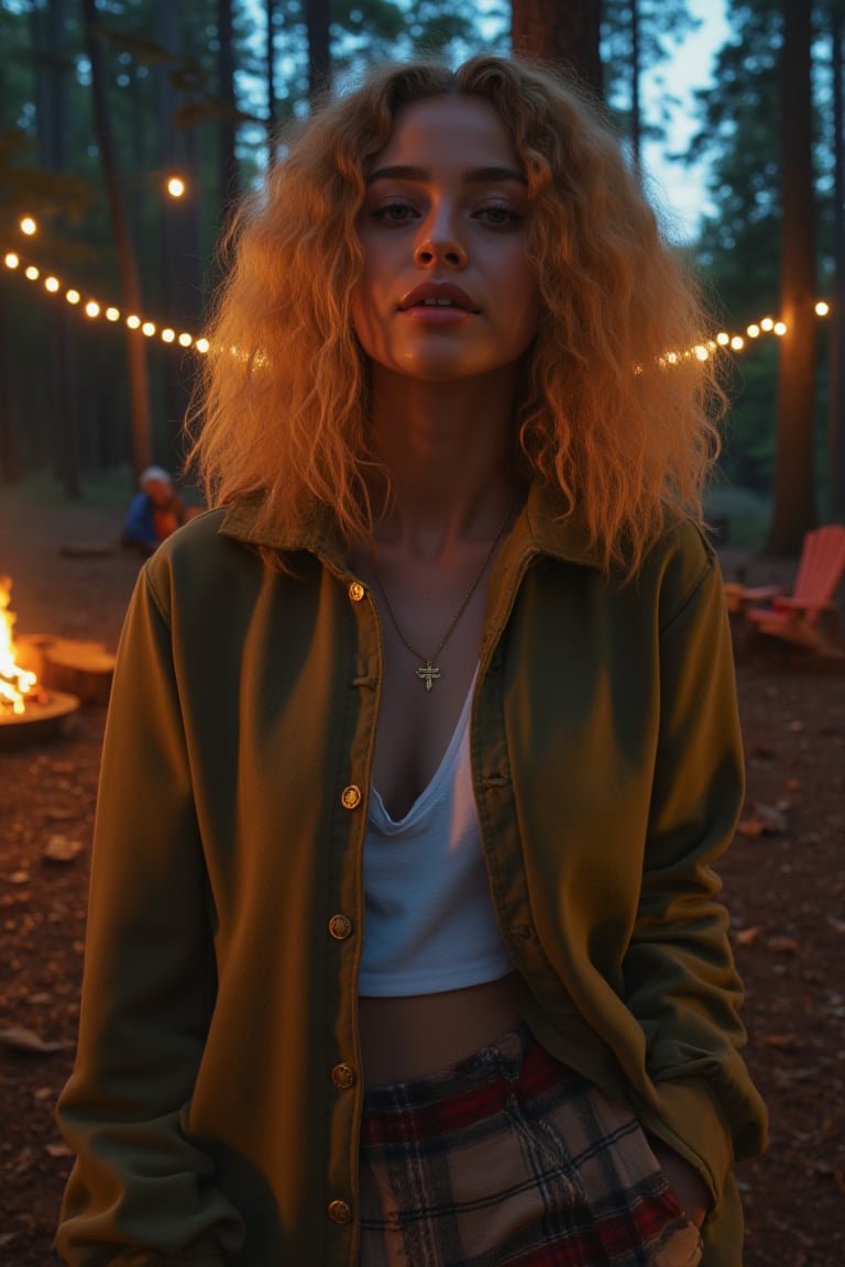 Generate an image of a stunning 18-year-old woman, blending White and Spanish heritage. She has short strawberry blonde wavy hair, lush and vibrant, falling in loose waves down her back.

Setting:
- Outdoor: A serene forest campsite at dusk
- Soft, warm lighting with subtle shadows and twinkling string lights
- Tall trees surrounding a cozy clearing, with a crackling campfire and rustic wooden benches
- Camping gear and equipment subtly integrated into the scene

Physical Description:
- Fair skin with a subtle, sun-kissed glow
- Bright, expressive hazel eyes

Outfit:
- Comfortable, earth-toned camping shirt (flannel or fleece)
- Practical hiking pants or leggings
- Warm, cozy camping jacket or hoodie
- Sturdy hiking boots

Style:
-Effortless, coastal chic
- Confident, carefree, innocent pose

Mood:
- Serene, joyful, and radiant
- Capturing the essence of a relaxed summer afternoon
Inspired by singer Tyla's vibrant energy and style, create a breathtaking image that embodies beauty, elegance, and a laid-back coastal vibe.