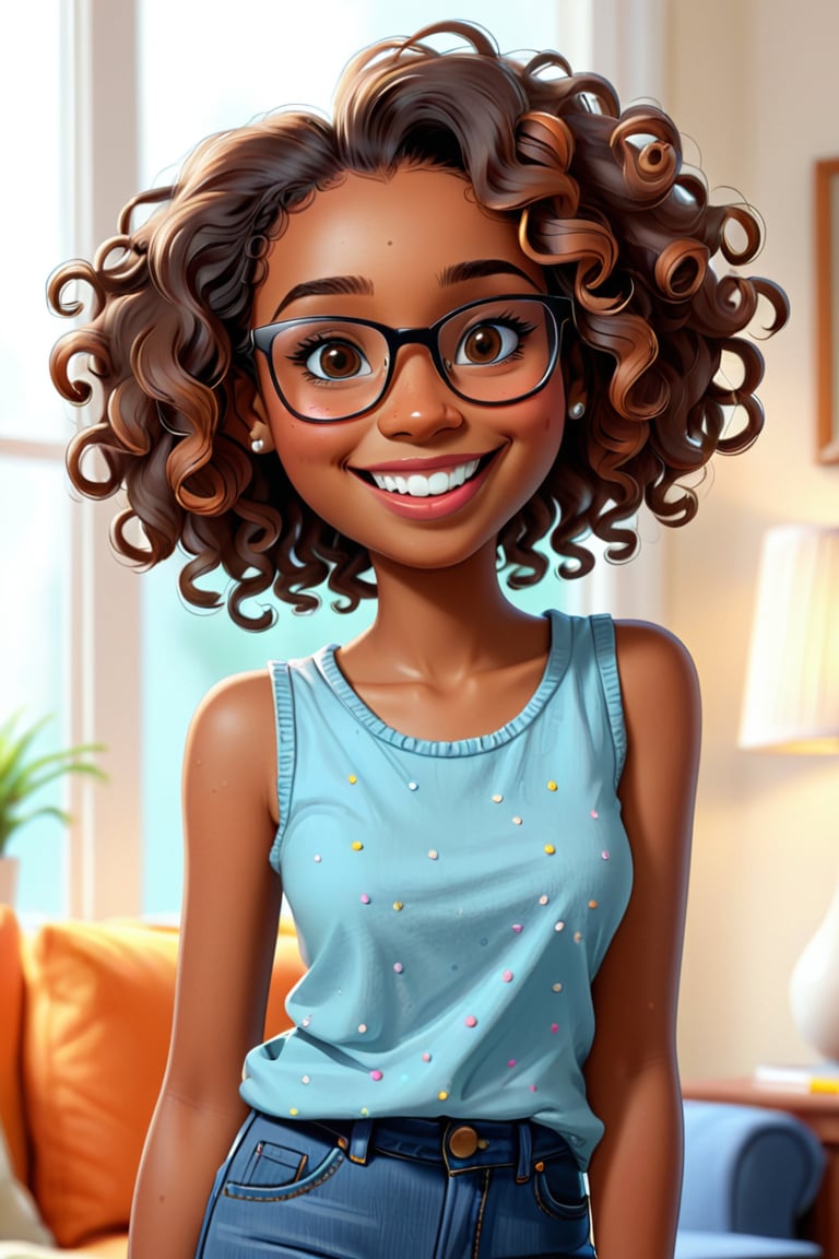 Clean Cartoon-brushstrokes Painting, crisp, simple, colored_lineart_illustration style, real, realism, realistic cartoon, 1 woman, young lady, melanated female, brown skin, brown hair, type 4 hair, curly hair, realism, livingroom, standing, self_shot, fully clothed, beautiful, quirky, glasses, smiling, with teeth, dimples, feminine, soft, facial freckles, whimsical, happy, young, vibrant, adorable, tank top, slender/petite body shape, normal size head, head that fits body, outfit, jeans and shirt, high quality, masterpiece ,3D