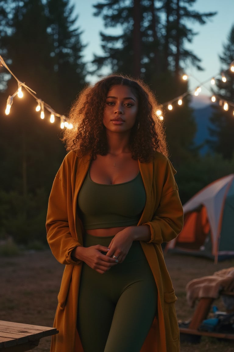 Generate an image of a stunning 18-year-old petite teenager, young, youth, child, kid, blending Black and Spanish heritage. She has fluffy curly golden brown hair, Type 4 hair, lush and vibrant, falling in loose waves down her back.

Setting:
- Outdoor: A serene mountain campsite at dusk, mountain view
- Soft, warm lighting with subtle shadows and twinkling string lights
- Tall trees surrounding a cozy clearing, with a crackling campfire and rustic wooden benches
- Camping gear and equipment subtly integrated into the scene

Physical Description:
- Fair skin with a subtle, sun-kissed glow
- Bright, expressive hazel eyes
- olive, dark Italian skin

Outfit:
- Comfortable, green earth-toned camping shirt (flannel or fleece)
- Practical hiking pants or leggings
- Warm, cozy cardigan 
- Sturdy hiking boots

Style:
-Effortless, coastal chic
- Confident, carefree, innocent pose

Mood:
- Serene, joyful, and radiant
- Capturing the essence of a relaxed summer afternoon
Inspired by singer Tyla's vibrant energy and style, create a breathtaking image that embodies beauty, elegance, and a laid-back coastal vibe.