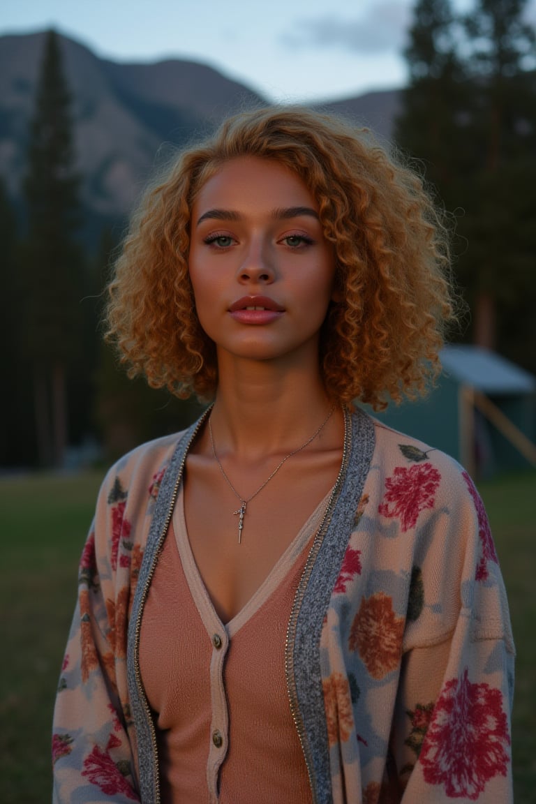 Generate an image of a stunning 18-year-old girl, blending White and Spanish heritage. Olive, goldfish skin tone. She has a short, shoulder length curly bob, strawberry blonde, ginger, natural, Ed sheerans hair, curly, wavy hair, lush and vibrant, falling in loose waves down her back.

Setting:
- Outdoor: A serene mountain campsite at dusk, mountain view
- Soft, warm lighting with subtle shadows and twinkling string lights
- Tall trees surrounding a cozy clearing, with a crackling campfire and rustic wooden benches
- Camping gear and equipment subtly integrated into the scene

Physical Description:
- Fair skin with a subtle, sun-kissed glow, olive goldish skin tone
- Bright, expressive blue eyes
- Petite, thin,
- Smiling
- slim feminine beautiful exotic facial features 
- regular lips

Outfit:
- Comfortable, loose pastel blouse (flannel or fleece)
- Practical hiking pants or leggings
- Warm, cozy cardigan 
- Sturdy hiking boots

Style:
-Effortless, coastal chic
- Confident, carefree, innocent pose

Mood:
- Serene, joyful, and radiant
- Capturing the essence of a relaxed summer afternoon
Inspired by singer Tyla's vibrant energy and style, create a breathtaking image that embodies beauty, elegance, and a laid-back coastal vibe.