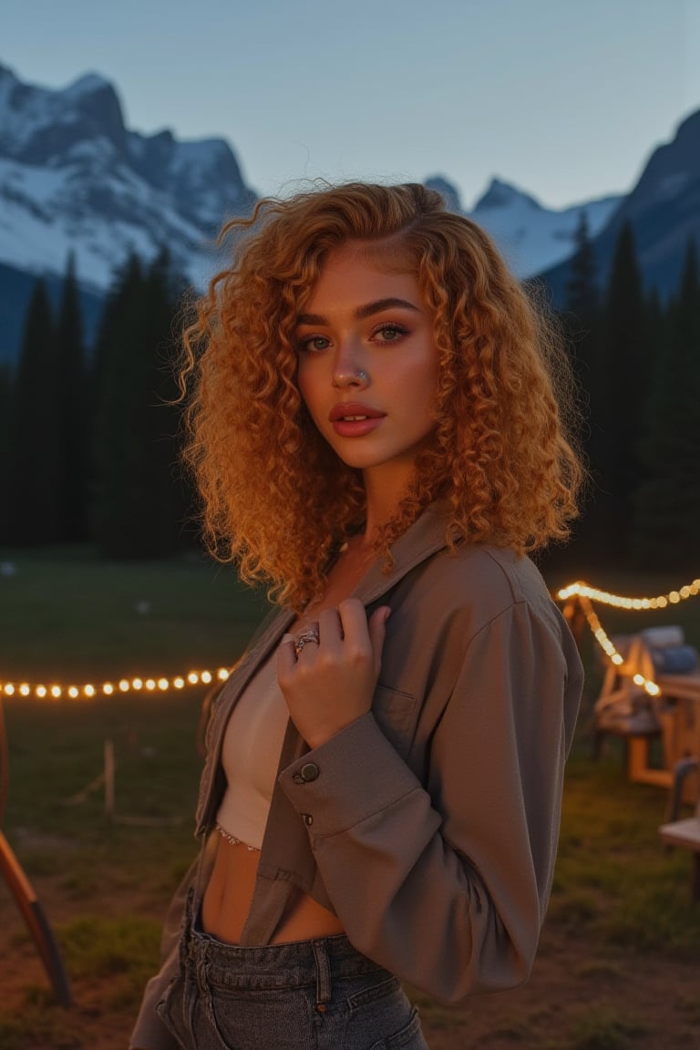 Generate an image of a stunning 18-year-old girl, blending White and Spanish heritage. Olive, goldfish skin tone. She has short, shoulder length, strawberry blonde, ginger, natural, Ed sheerans hair, curly, wavy hair, lush and vibrant, falling in loose waves down her back.

Setting:
- Outdoor: A serene mountain campsite at dusk, mountain view
- Soft, warm lighting with subtle shadows and twinkling string lights
- Tall trees surrounding a cozy clearing, with a crackling campfire and rustic wooden benches
- Camping gear and equipment subtly integrated into the scene

Physical Description:
- Fair skin with a subtle, sun-kissed glow, olive goldish skin tone
- Bright, expressive blue eyes
- Petite, thin,
- Smiling
- slim feminine beautiful exotic facial features 
- regular lips

Outfit:
- Comfortable, od green loose pastel top (flannel or fleece)
- Practical hiking leggings
- Warm, cozy cardigan

Style:
-Effortless, coastal chic
- Confident, carefree, innocent pose

Mood:
- Serene, joyful, and radiant
- Capturing the essence of a relaxed summer afternoon
Inspired by singer Tyla's vibrant energy and style, create a breathtaking image that embodies beauty, elegance, and a laid-back coastal vibe.