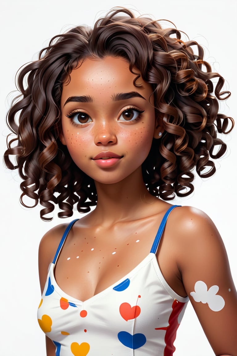 Clean Cartoon-brushstrokes Painting, crisp, simple, colored_lineart_illustration style, 1 woman, (21 years old), melanated female, brown skin, dark skin, milk chocolate girl, type 4 hair, curly hair, realism, right side profile, right side of body, right side of face, profile, whole body facing right side, mugshot, v-neck shirt, cleavage cutout, cleavage, B cup size, small breast, quirky, dimples, innocent, feminine, soft, freckles, whimsical, young, vibrant, adorable, slender/petite body shape, normal size head, head that fits body, high quality, masterpiece ,3D, square head, square face, boxy head, boxy face,