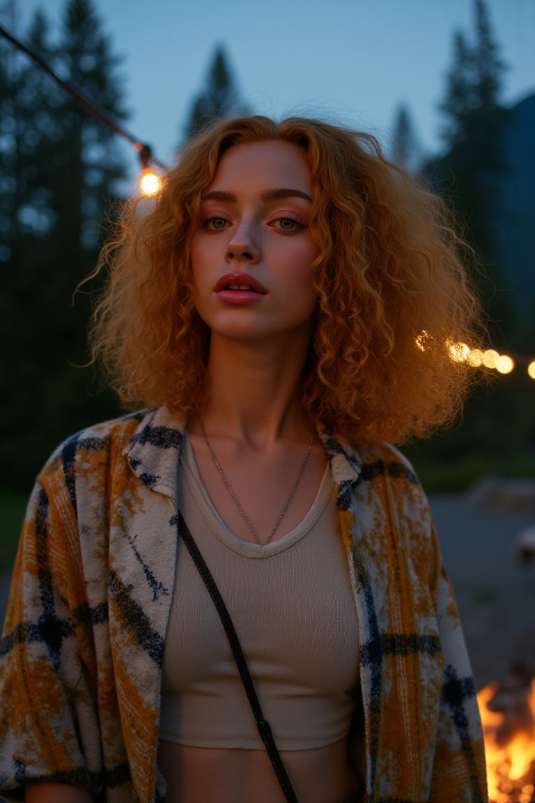 Generate an image of a stunning 18-year-old woman, blending White and Spanish heritage. She has short, shoulder length, strawberry blonde, ginger, natural, Ed sheerans hair, curly, wavy hair, lush and vibrant, falling in loose waves down her back.

Setting:
- Outdoor: A serene mountain campsite at dusk, mountain view
- Soft, warm lighting with subtle shadows and twinkling string lights
- Tall trees surrounding a cozy clearing, with a crackling campfire and rustic wooden benches
- Camping gear and equipment subtly integrated into the scene

Physical Description:
- Fair skin with a subtle, sun-kissed glow
- Bright, expressive blue eyes
- Petite, thin,

Outfit:
- Comfortable, water-toned camping shirt (flannel or fleece)
- Practical hiking pants or leggings
- Warm, cozy cardigan 
- Sturdy hiking boots

Style:
-Effortless, coastal chic
- Confident, carefree, innocent pose

Mood:
- Serene, joyful, and radiant
- Capturing the essence of a relaxed summer afternoon
Inspired by singer Tyla's vibrant energy and style, create a breathtaking image that embodies beauty, elegance, and a laid-back coastal vibe.