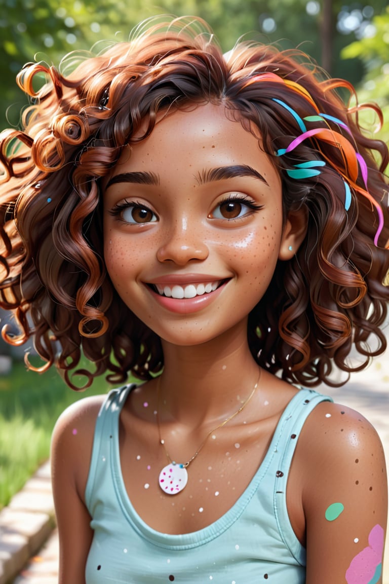 Clean Cartoon-brushstrokes Painting, crisp, simple, colored_lineart_illustration style, 1 woman, smiling, (21 years old), real, realistic, realism, melanated female, brown skin, dark skin, cinnamon brown skin, black girl, type 4 hair, dark brown hair, brown on brown hair, curly hair, short hair, freckles on face only, beautiful, quirky, dimples, feminine, soft, whimsical, happy, young, vibrant, adorable, slender/petite body shape, normal size head, head that fits body, high quality, masterpiece ,3D, half body, outside, outdoors, background of outside