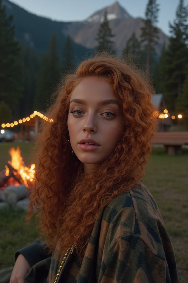 Generate an image of a stunning 18-year-old woman, blending White and Spanish heritage. She has short, shoulder length, strawberry blonde, ginger, natural, Ed sheerans hair, curly, wavy hair, lush and vibrant, falling in loose waves down her back.

Setting:
- Outdoor: A serene mountain campsite at dusk, mountain view
- Soft, warm lighting with subtle shadows and twinkling string lights
- Tall trees surrounding a cozy clearing, with a crackling campfire and rustic wooden benches
- Camping gear and equipment subtly integrated into the scene

Physical Description:
- Fair skin with a subtle, sun-kissed glow
- Bright, expressive blue eyes
- Petite, thin,

Outfit:
- Comfortable, water-toned camping shirt (flannel or fleece)
- Practical hiking pants or leggings
- Warm, cozy cardigan 
- Sturdy hiking boots

Style:
-Effortless, coastal chic
- Confident, carefree, innocent pose

Mood:
- Serene, joyful, and radiant
- Capturing the essence of a relaxed summer afternoon
Inspired by singer Tyla's vibrant energy and style, create a breathtaking image that embodies beauty, elegance, and a laid-back coastal vibe.