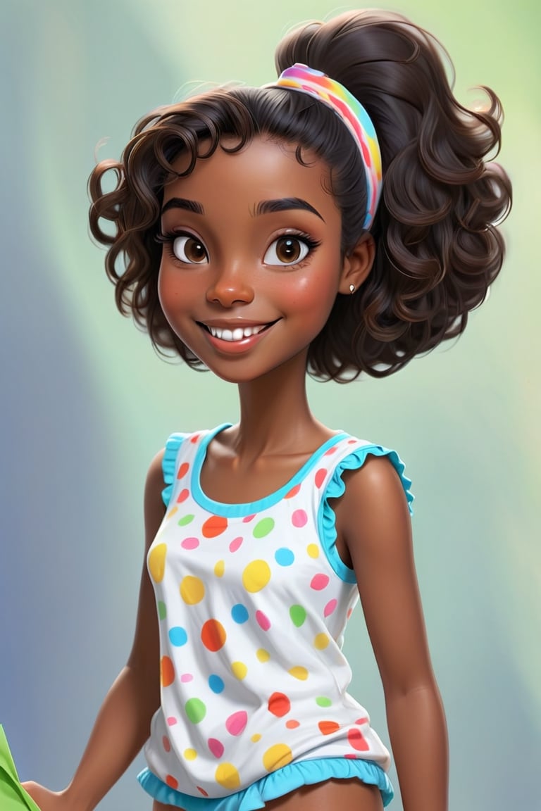 Clean Cartoon-brushstrokes Painting, crisp, simple, colored_lineart_illustration style, 1 woman, (21 years old), melanated female, brown skin, dark skin, type 4 hair, curly hair, realism, shopping at the mall, shopping bags, ponytail, hair tied, smiling, happy, beautiful, quirky, dimples, feminine, soft, freckles, whimsical, happy, young, vibrant, adorable, pajamas, ponytail, slender/petite body shape, normal size head, head that fits body, high quality, masterpiece ,3D