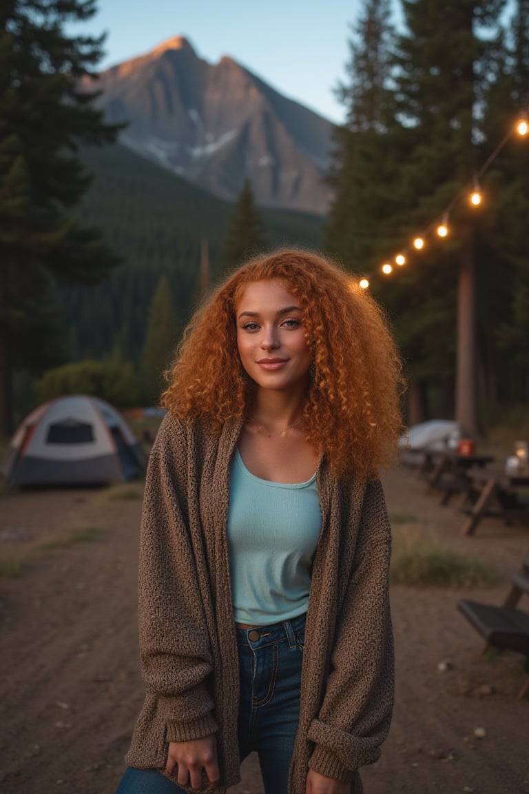 Generate an image of a stunning 18-year-old woman, blending White and Spanish heritage. She has short, shoulder length, strawberry blonde, ginger, natural, Ed sheerans hair, curly, wavy hair, lush and vibrant, falling in loose waves down her back.

Setting:
- Outdoor: A serene mountain campsite at dusk, mountain view
- Soft, warm lighting with subtle shadows and twinkling string lights
- Tall trees surrounding a cozy clearing, with a crackling campfire and rustic wooden benches
- Camping gear and equipment subtly integrated into the scene

Physical Description:
- Fair skin with a subtle, sun-kissed glow
- Bright, expressive blue eyes
- Petite, thin,
- Smiling

Outfit:
- Comfortable, fitted pastel top (flannel or fleece)
- Practical hiking pants or leggings
- Warm, cozy cardigan 
- Sturdy hiking boots

Style:
-Effortless, coastal chic
- Confident, carefree, innocent pose

Mood:
- Serene, joyful, and radiant
- Capturing the essence of a relaxed summer afternoon
Inspired by singer Tyla's vibrant energy and style, create a breathtaking image that embodies beauty, elegance, and a laid-back coastal vibe.