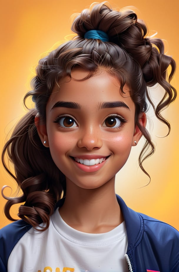 Clean Cartoon-brushstrokes Painting, crisp, simple, colored_lineart_illustration style, 1 woman, smiling with eyes, straight face, Instagram model, (21 years old), real, realistic, realism, Puerto Rican female, boricua, from the Bronx, brown skin, dark skin, mixed girl, Spanish girl, hazel eyes, type 3 hair, dark brown hair, curly hair, long hair, ponytail,  no make up, tom boy, dimples, rough, gay, lesbian, happy, young, vibrant, adorable, slender/petite body shape, normal size head, head that fits body, high quality, masterpiece ,3D