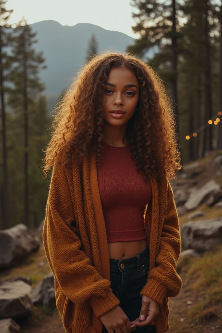 Generate an image of a stunning 18-year-old petite teenager, young, youth, child, kid, blending Black and Spanish heritage. She has fluffy curly golden brown hair, Type 4 hair, lush and vibrant, falling in loose waves down her back.

Setting:
- Outdoor: A serene mountain campsite in the morning, mountain view
- Soft, warm lighting with subtle shadows and twinkling string lights
- Tall trees surrounding a cozy clearing, with a crackling campfire and rustic wooden benches
- Camping gear and equipment subtly integrated into the scene

Physical Description:
- Fair skin with a subtle, sun-kissed glow
- Bright, expressive hazel eyes

Outfit:
- Comfortable, fall/autumn-toned (red, burgundy, yellow, green, brown) fitted top (flannel or fleece)
- Practical leggings
- Warm, cozy cardigan 
- Sturdy hiking boots

Style:
-Effortless, coastal chic
- Confident, carefree, innocent pose, free, happy

Mood:
- Serene, joyful, and radiant
- Capturing the essence of a relaxed summer afternoon
Inspired by singer Tyla's vibrant energy and style, create a breathtaking image that embodies beauty, elegance, and a laid-back coastal vibe.