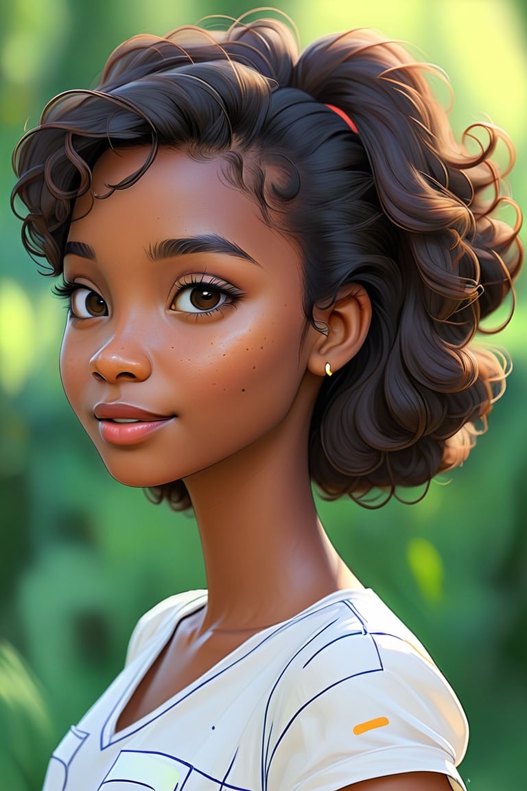 Clean Cartoon-brushstrokes Painting, crisp, simple, colored_lineart_illustration style, 1 woman, (21 years old), melanated female, brown skin, dark skin, type 4 hair, curly hair, realism, back side profile, back side of body, bak dorso, profile, whole body facing  back side, mugshot, v-neck shirt, dimples, innocent, feminine, soft, freckles, whimsical, young, vibrant, adorable, slender/petite body shape, normal size head, head that fits body, high quality, masterpiece ,3D