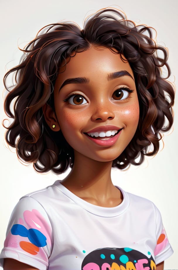 Clean Cartoon-brushstrokes Painting, crisp, simple, colored_lineart_illustration style, 1 woman,  silly face, (21 years old), real, realistic, realism, melanated female, brown skin, dark skin, cinnamon brown skin, black girl, type 4 hair, dark brown hair, brown on brown hair, curly hair, short hair, freckles on face only, beautiful, quirky, dimples, feminine, soft, whimsical, happy, young, vibrant, adorable, slender/petite body shape, normal size head, head that fits body, high quality, masterpiece ,3D