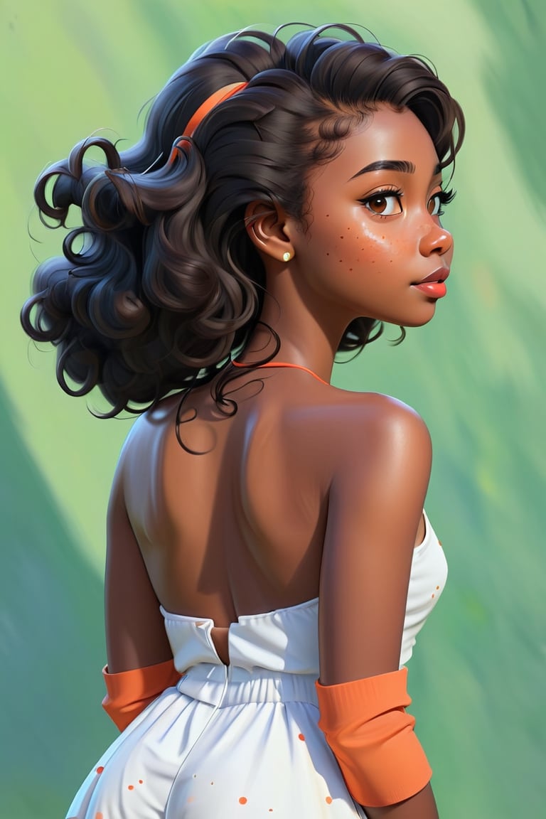 Clean Cartoon-brushstrokes Painting, crisp, simple, colored_lineart_illustration style, 1 woman, (21 years old), melanated female, brown skin, dark skin, type 4 hair, curly hair, realism, back side profile, hair, head, back side of body, bak dorso, profile, 180 degree turn. back of head, whole body facing  back side, facing back wall, no face, back wall, v-neck shirt, dimples, innocent, feminine, soft, freckles, whimsical, young, vibrant, adorable, slender/petite body shape, normal size head, head that fits body, high quality, masterpiece ,3D