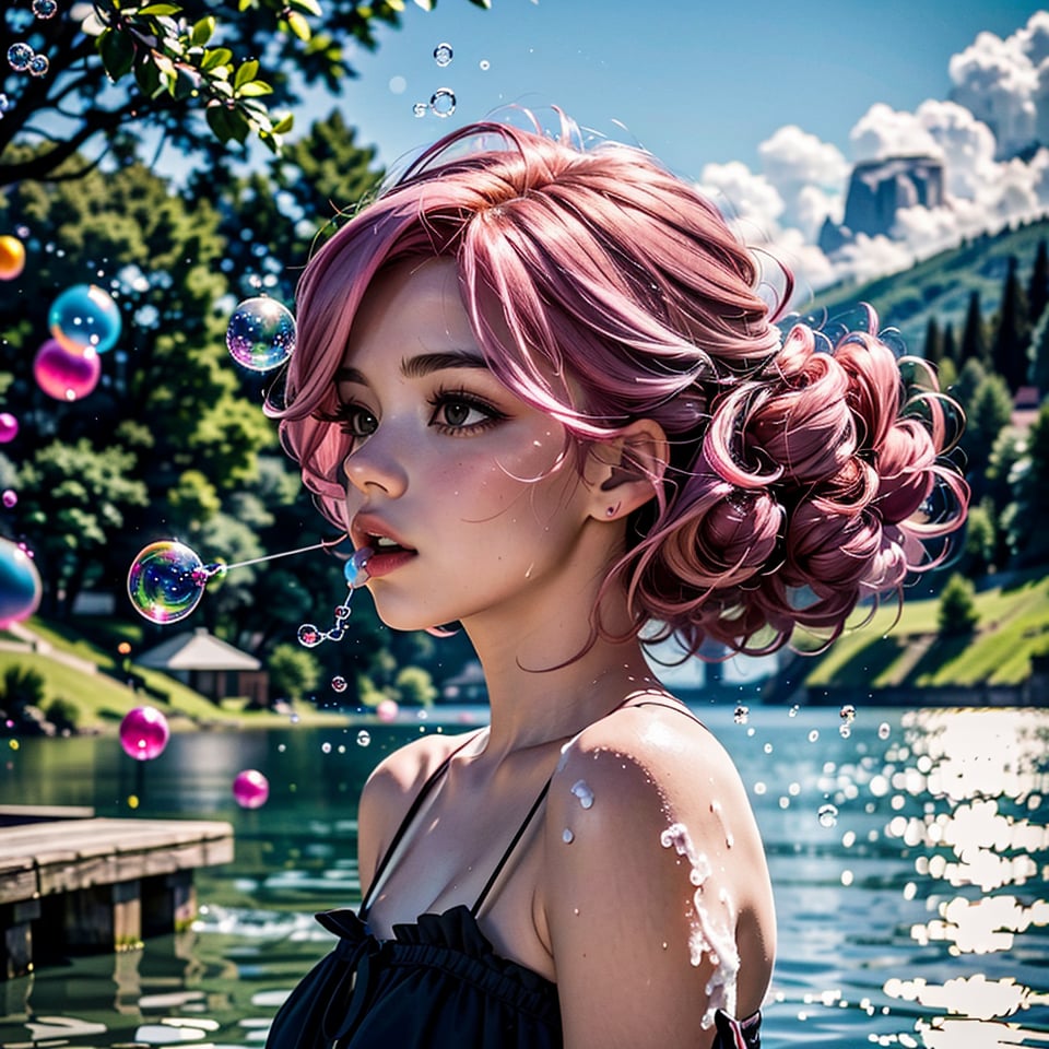 a beautiful girl with pink hair.curls. blowing soap bubbles against the background of the lake. stylization,hyperdetalization,16k