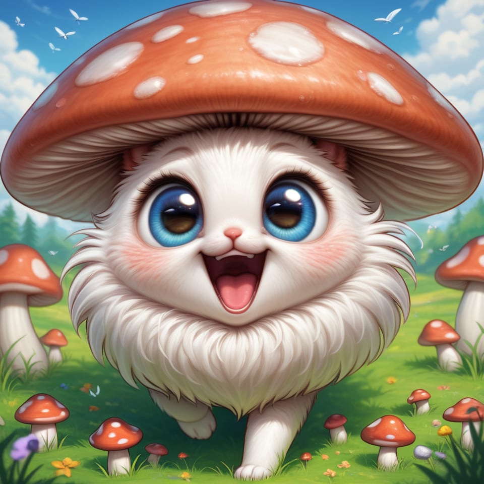 fluffy mushroom with big eyes, fly agaric, laughing with his mouth open. hyperdetalization,stylization
