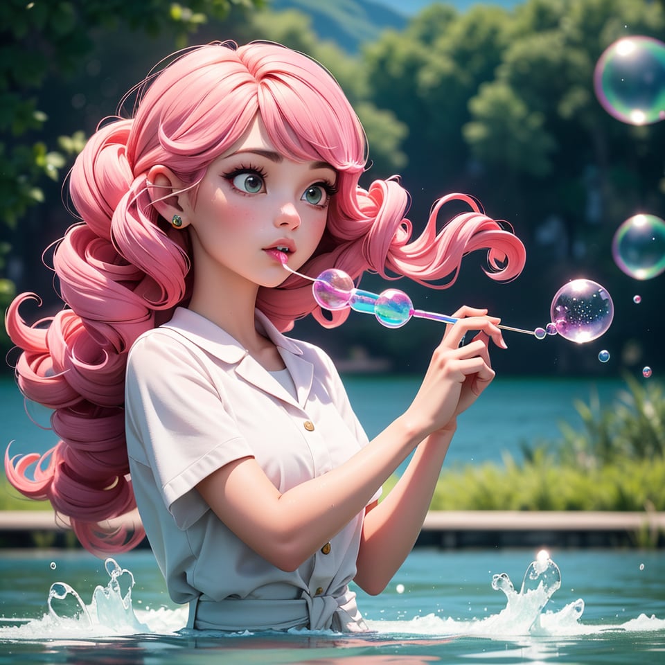 a beautiful girl with pink hair.curls. blowing soap bubbles against the background of the lake. stylization,hyperdetalization,16k