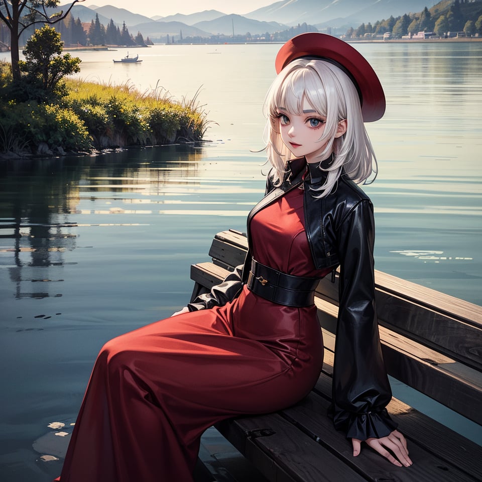 A beautiful girl with white hair, a red silk hat on her head, is sitting on a bench near the lake. stylization,16k,hyperdetalization,composition