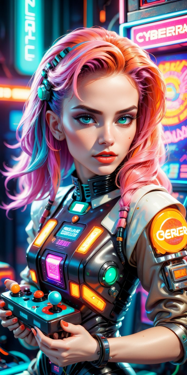 (masterpiece), best quality, expressive eyes, perfect face, ((In the style of retro pixel art)), vibrant colors, dynamic composition, futuristic, sci-fi, cyberpunk, neon lights, arcade game vibe, electric energy. A girl with vibrant hair and cybernetic enhancements delicatelya (( holds a retro joystick in her hands)). ,real_booster,cyberpunk style,KA