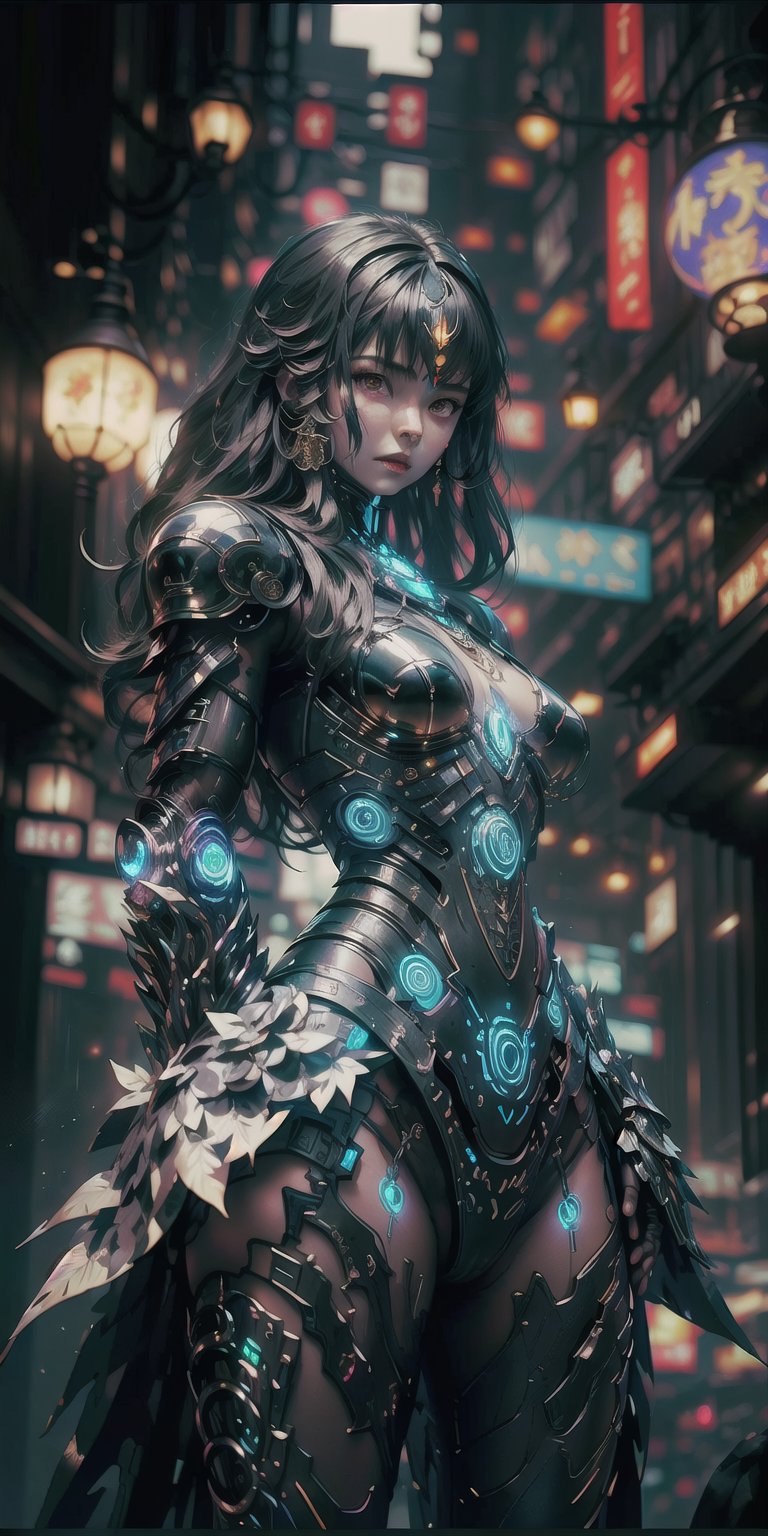 Sexy Pose, (masterpiece+best quality),(solo), 1 Japanese Girl, white hair , (high sexual attraction,long hair), in the dark night, (wearing sexy black transparent plastic Indian dress + body implants) , moon , highly detailed background of ancient Indian achitechture+with neon lights ,ink,Cyberpunk,Enhance,Armor