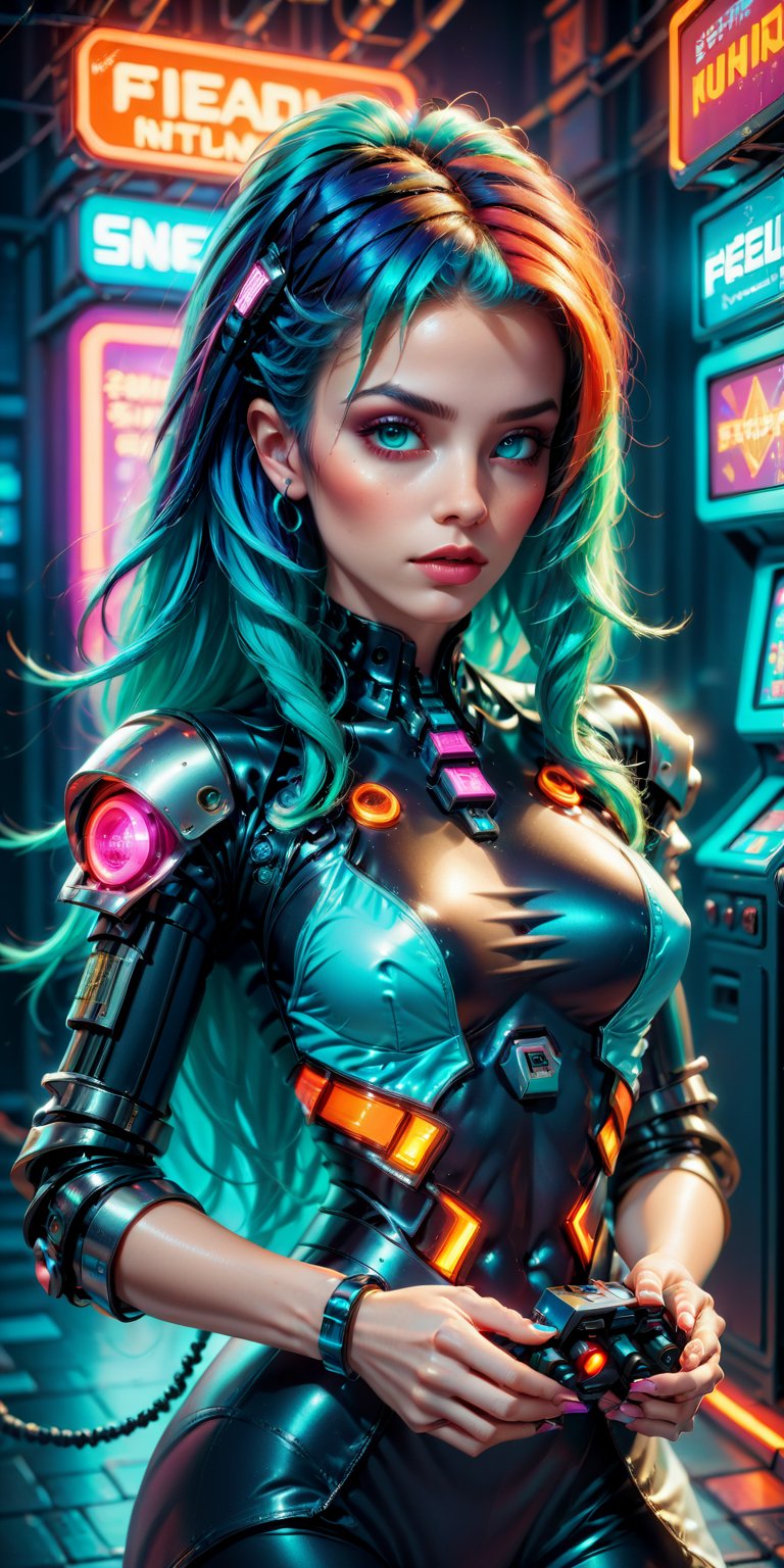 (masterpiece), best quality, expressive eyes, perfect face, ((In the style of retro pixel art)), vibrant colors, dynamic composition, futuristic, sci-fi, cyberpunk, neon lights, arcade game vibe, electric energy. A girl with vibrant hair and cybernetic enhancements delicatelya (( holds a retro joystick in her hands)). ,real_booster,cyberpunk style,KA,futurecamisole