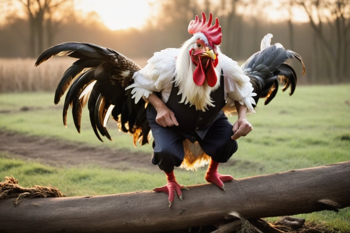 An ultra-high-definition macro shot of a crazy old farmer wearing a rooster costume. Crouched on a log flapping his wings and sceaming loudly, waking up the chickens. The chickens scamper in panic as they run around. The overall insanity and hilarious spectical of the image is intense and adrenalin fuelled. Capture the rediculousness of this early morning sunrise wake-up.