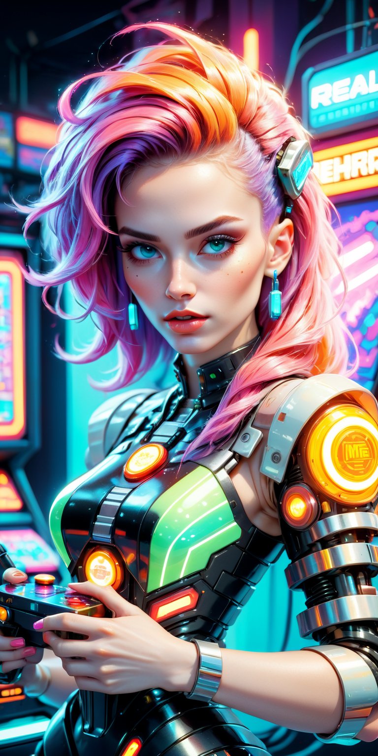 (masterpiece), best quality, expressive eyes, perfect face, ((In the style of retro pixel art)), vibrant colors, dynamic composition, futuristic, sci-fi, cyberpunk, neon lights, arcade game vibe, electric energy. A girl with vibrant hair and cybernetic enhancements delicatelya (( holds a retro joystick in her hands)). ,real_booster,cyberpunk style,KA