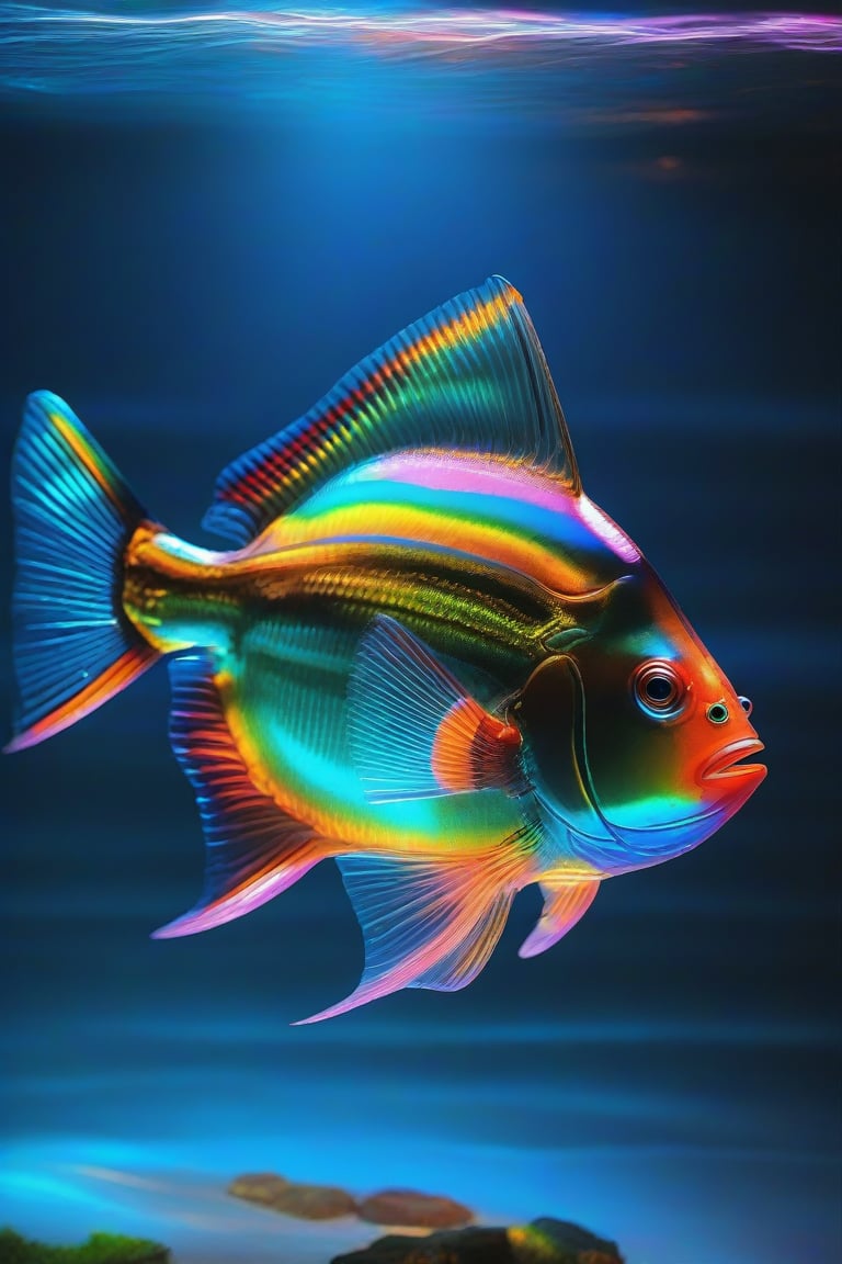 Ap0l0gr4ph1c, holographic, emperor angelfishes, colorful, glowing, illumination, iridescent, photo \(object\), reflection, shadow, simple background, translucent