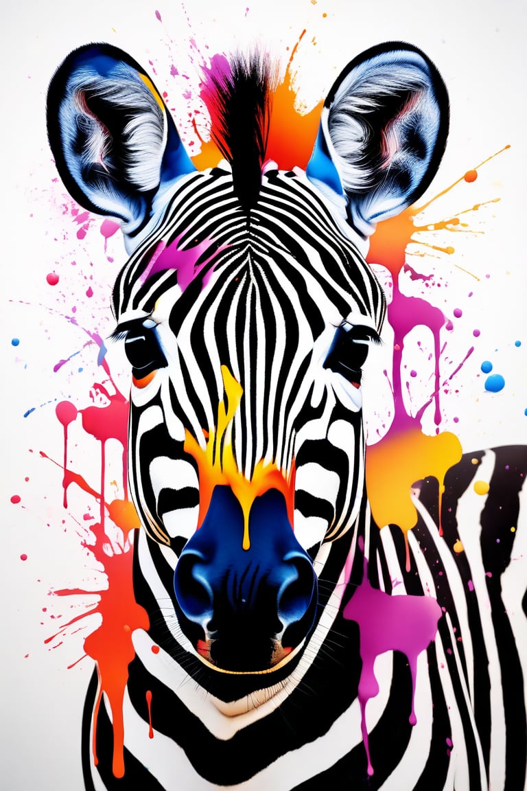 Very beautiful color Zebra, elegant pet, ink droplets, ((colorful: 1.2)), white background, ((masterpiece: 2)), only the face, medium shot, looking at viewer, ((stunning image: 1.5)), Ink art style